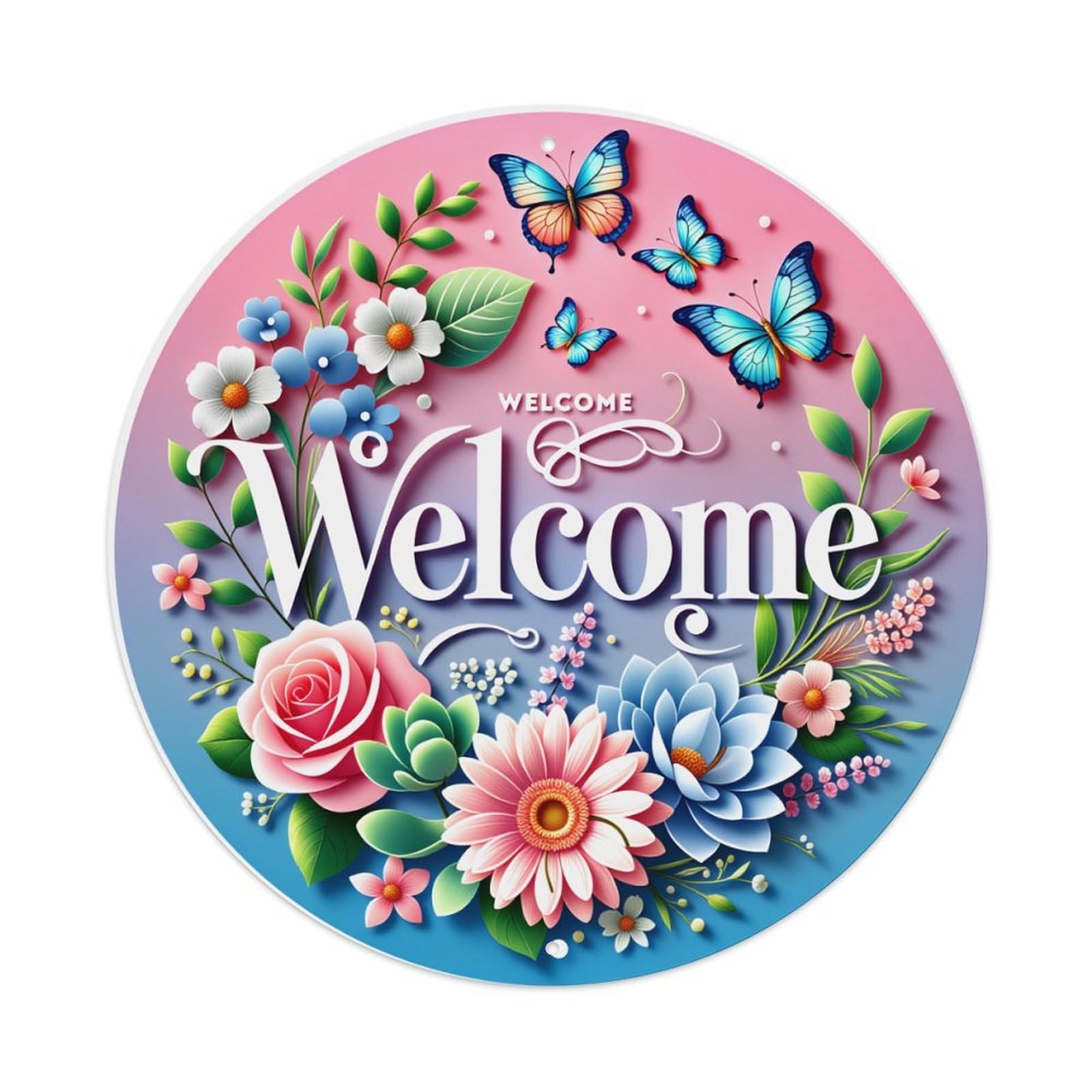 Floral Butterflies Welcome Sign Pattern Print Round Vintage Tin Sign,Retro Wall Art,Metal Poster for Home, Bar, Garage, Cafe, Rustic Indoor & Outdoor Decor, 8x8 Inches