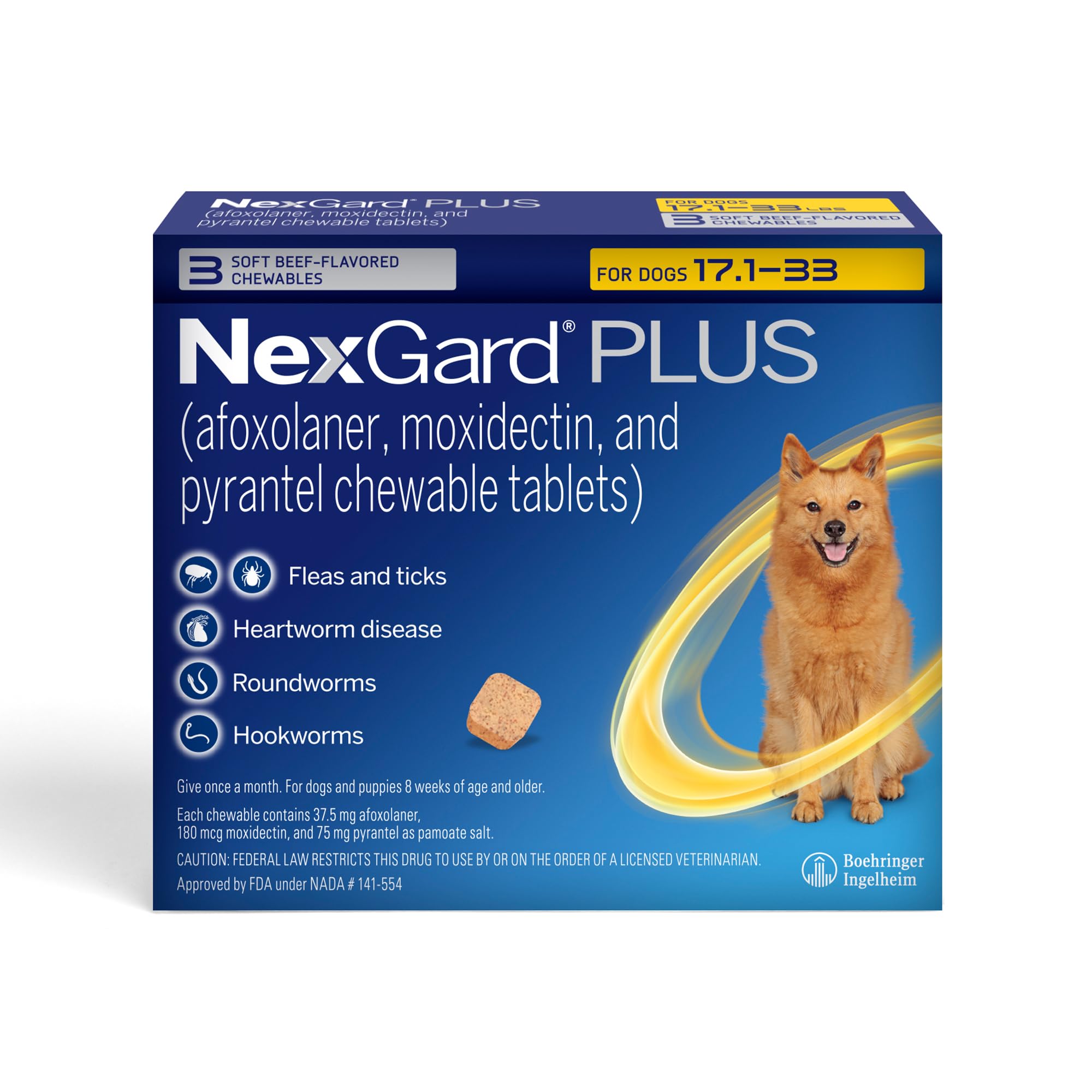 NexGard Plus (afoxolaner, moxidectin, and pyrantel) Flea and Tick Protection & Heartworm Preventive for Dogs Soft Beef Flavored Chewables, 17.1-33 lbs