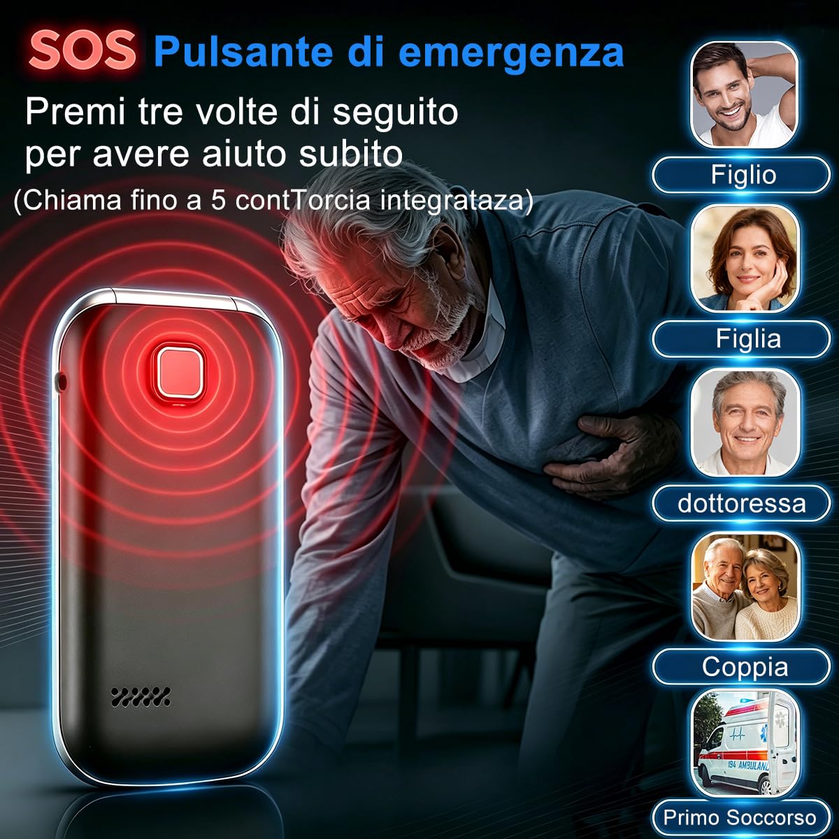 Telefono 4G a Conchiglia per Anziani,Tasti Grandi,Pulsante SOS,Sbloccato | Chiamata Rapida M1/M2, Volume Alto, Schermo a Colori da 2,4", Facile da Usare,Radio FM, Torcia LED, Batteria 1350 mAh