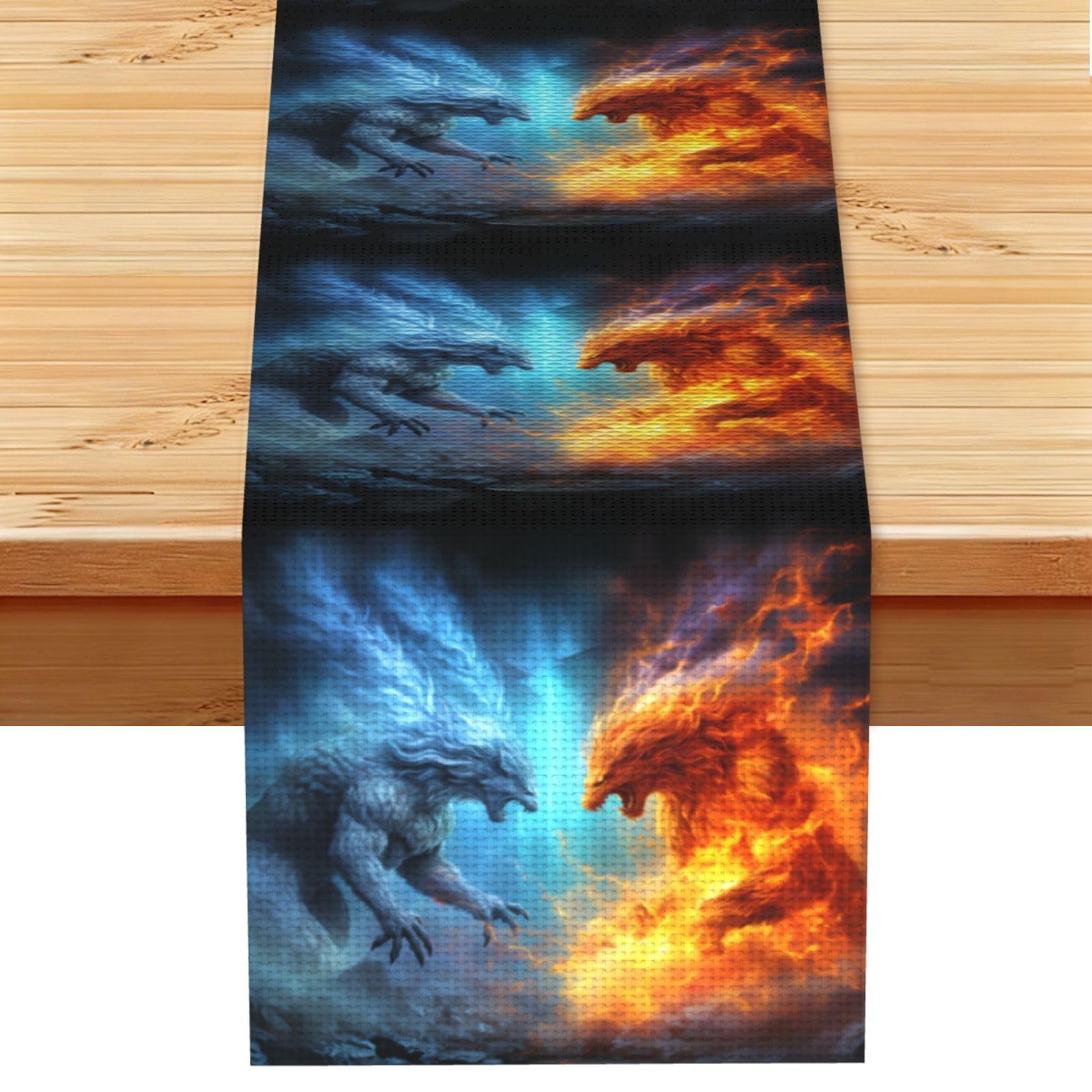 Fire VS Ice Art Table Runner 13x72 Inch Cotton Linen Table Linen Washable Farmhouse Tablecloth Modern Abstract Art Kitchen Dinning Table Decoration for Home Party Decor