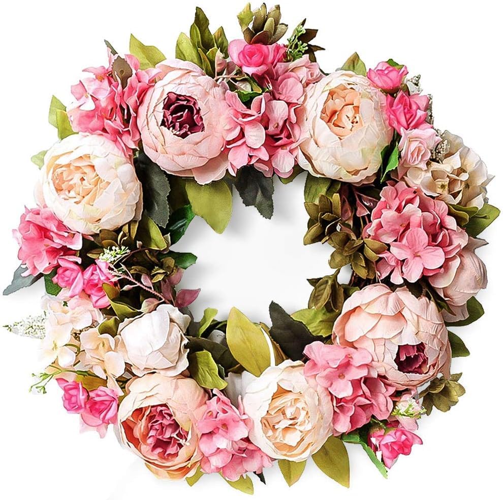 Artificial Flower Wreath, Peony Round Wreath Door Wreath Summer Wreaths for Front Door Roses Garland Wall Hanging Accessories for Farm, Wedding, Home Decor