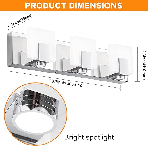 Miniatura 3 de SOLFART Luces de tocador de baño sobre espejo 3 luces modernas cromadas lámparas de baño de acero inoxidable acrílico sombra