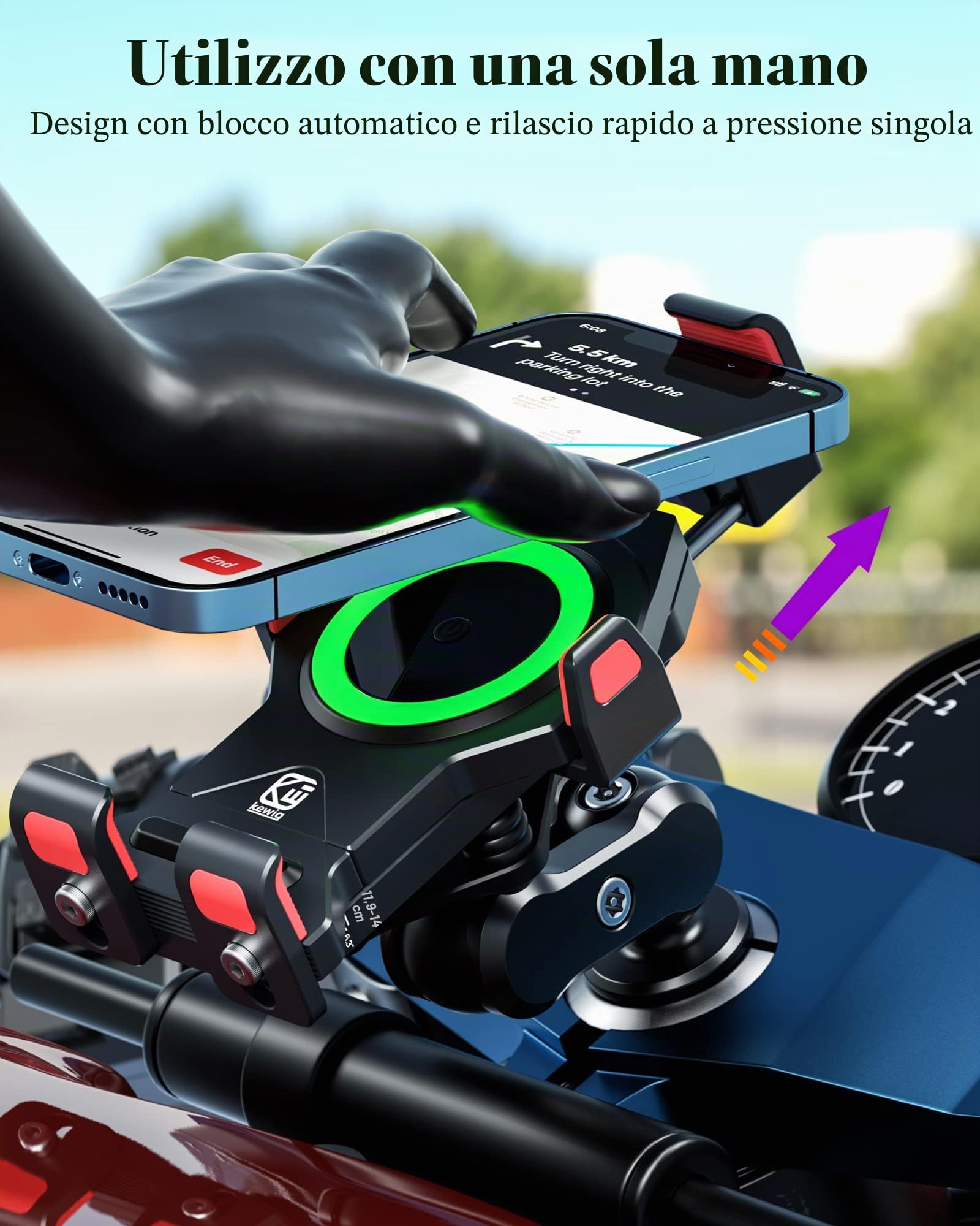 BRCOVAN Lega Alluminio Supporto Telefono per Stelo Forcella Motociclo con Caricabatterie wireless Qi 15W e Smorzatore Vibrazioni, Metallo Porta Telefono per Moto per 4.7''-7.2'' Smartphone