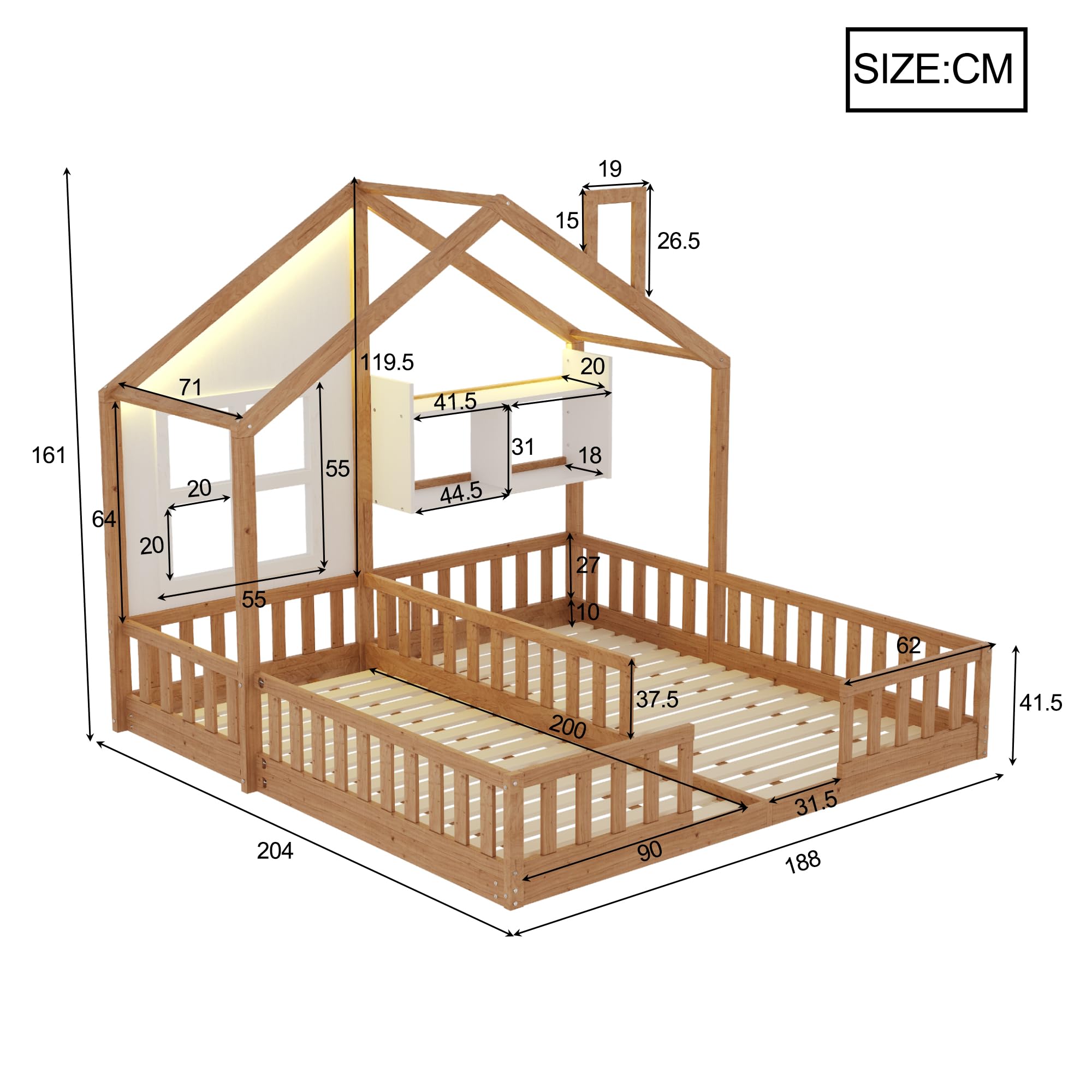 Kinderbett Bodenbett 180x200,Hausbett mit Rausfallschutz&Lattenrost,Montessori Bett mit Ablageflächen&LED-Beleuchtung,Freistehendes Doppelbett Gitterbett Bettgestell Spielbett,Ohne Matratze,Holzfarbe