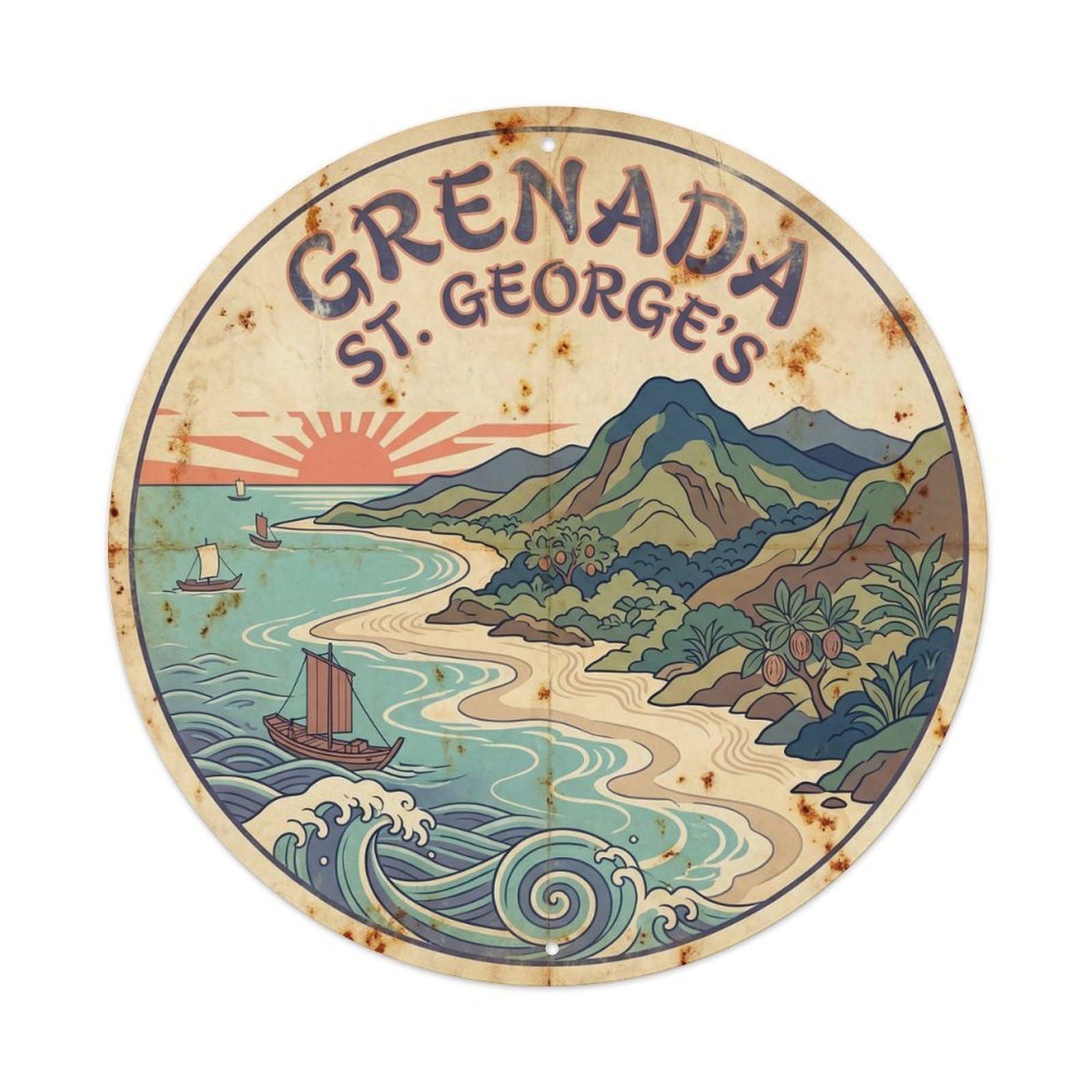 Grenada Saint George Lagoon Travel Ink Illustration Metal Tin Sign