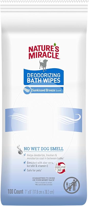 Deodorizing Bath Wipes for Dogs, 100 Count | Neutralize Tough Pet Odors Between Baths, Promotes Healthy Skin & Coat, Great For Spot & Paw Cleaning, Sunkissed Breeze Scent