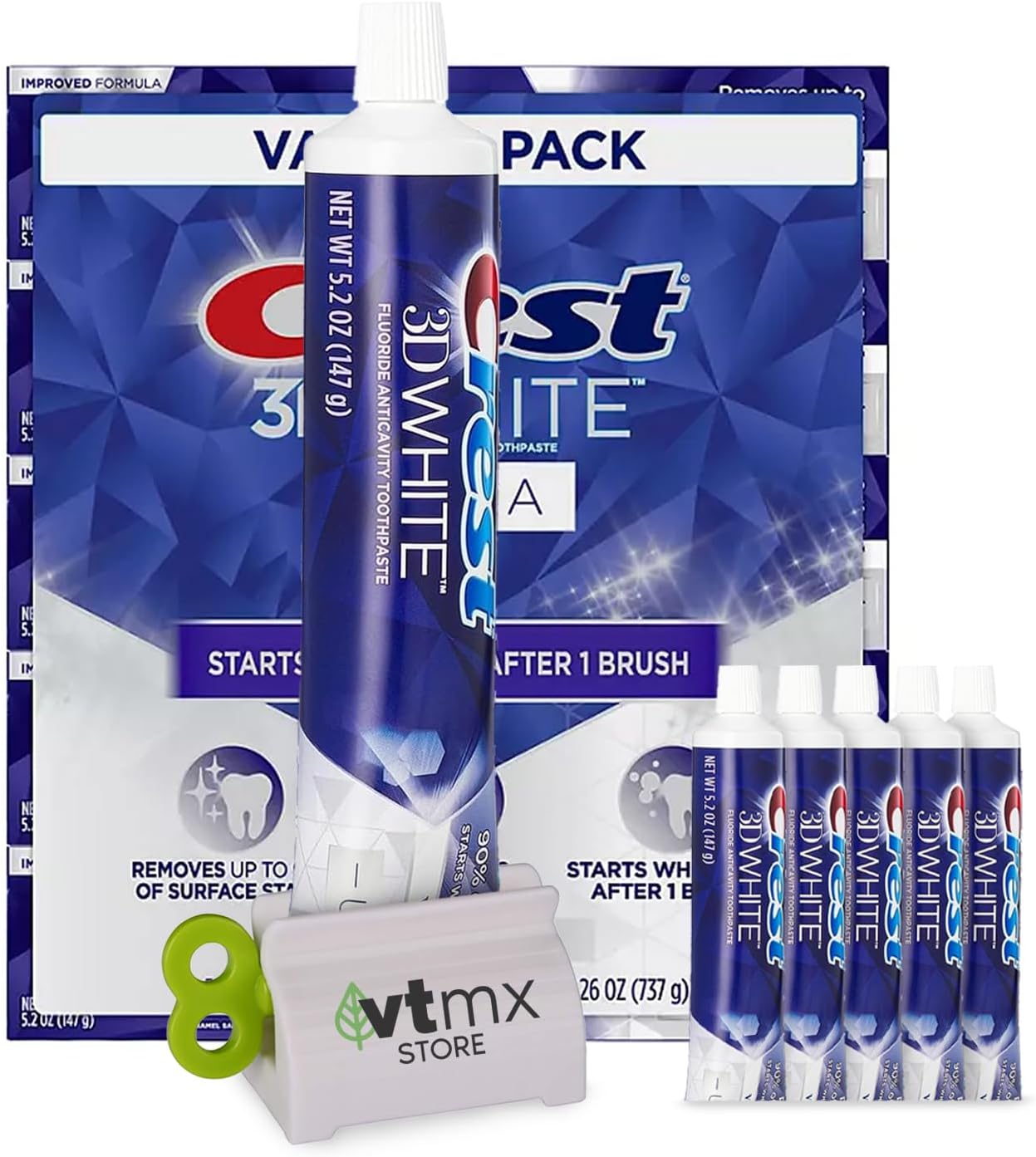 Crst 3D-White Advanced Whitening Toothpaste Vivid Mint, 5 Large Tubes of 5.2 oz (Total 26 oz) Anticavity Fluoride, Enamel Repair, Stain Protection Bundle with Toothpaste Squeezer