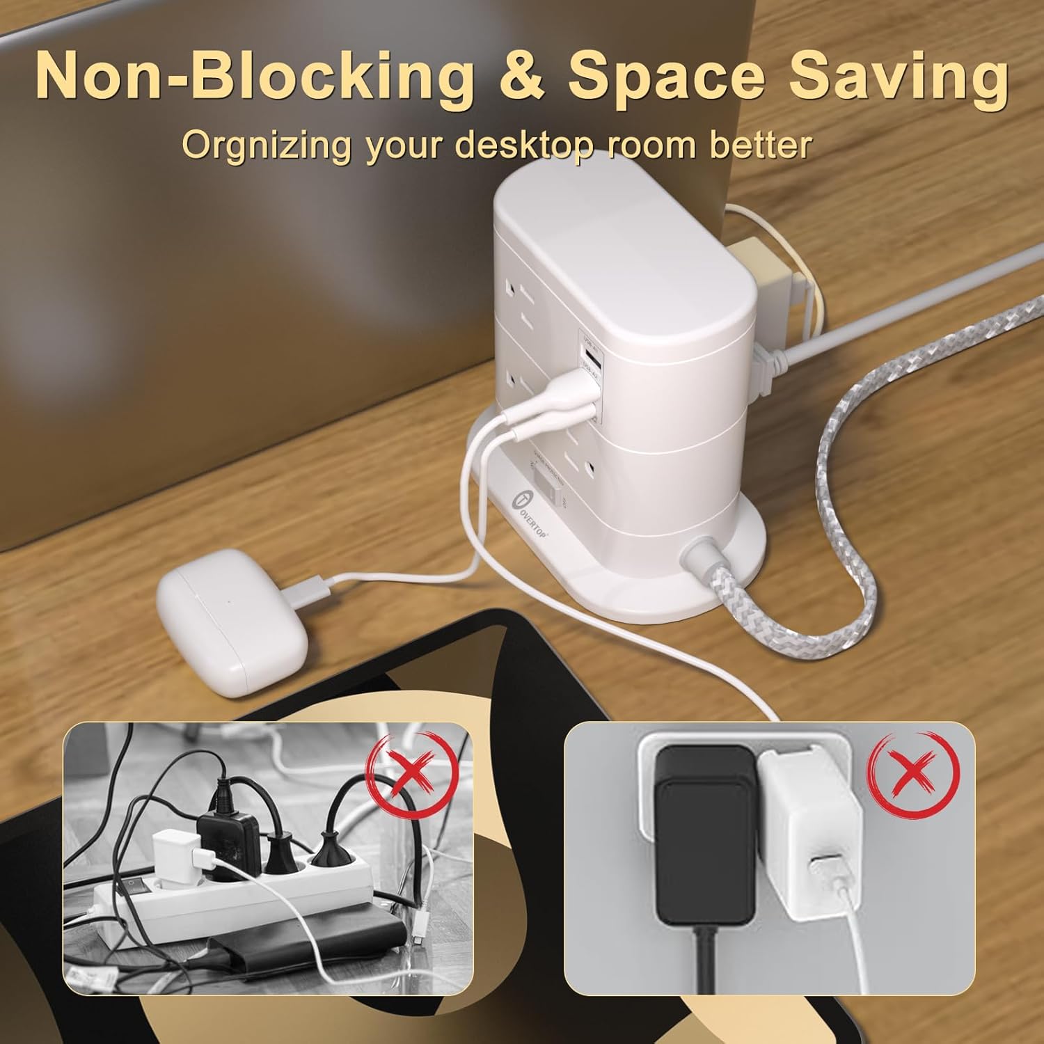 Overtop Surge Protector Tower Power Strip,Nightlight Flat Plug with 7 AC Multiple Outlets 3 USB Ports,Charging Station1625W/13A 1600J 6.5FT Braided Extension Cord, Office Supplies,Dorm,Home
