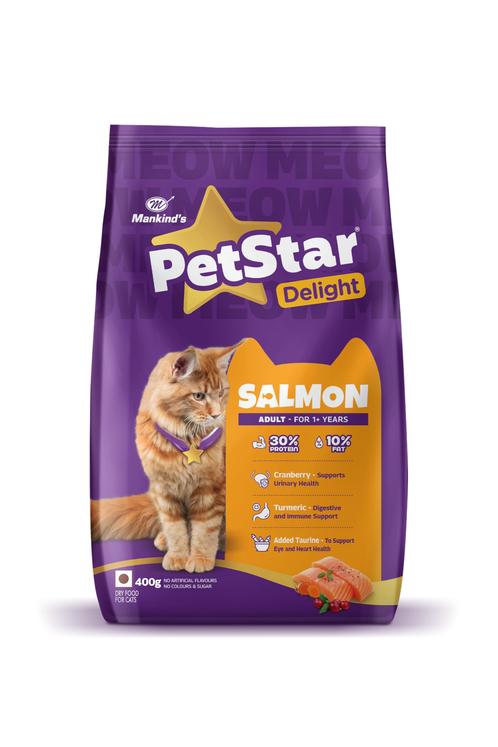 Mankind PetStar Adult Cat Food β Salmon Flavour (400g) | Complete Nutrition with Taurine & Omega for Urinary, Digestive & Heart Healt