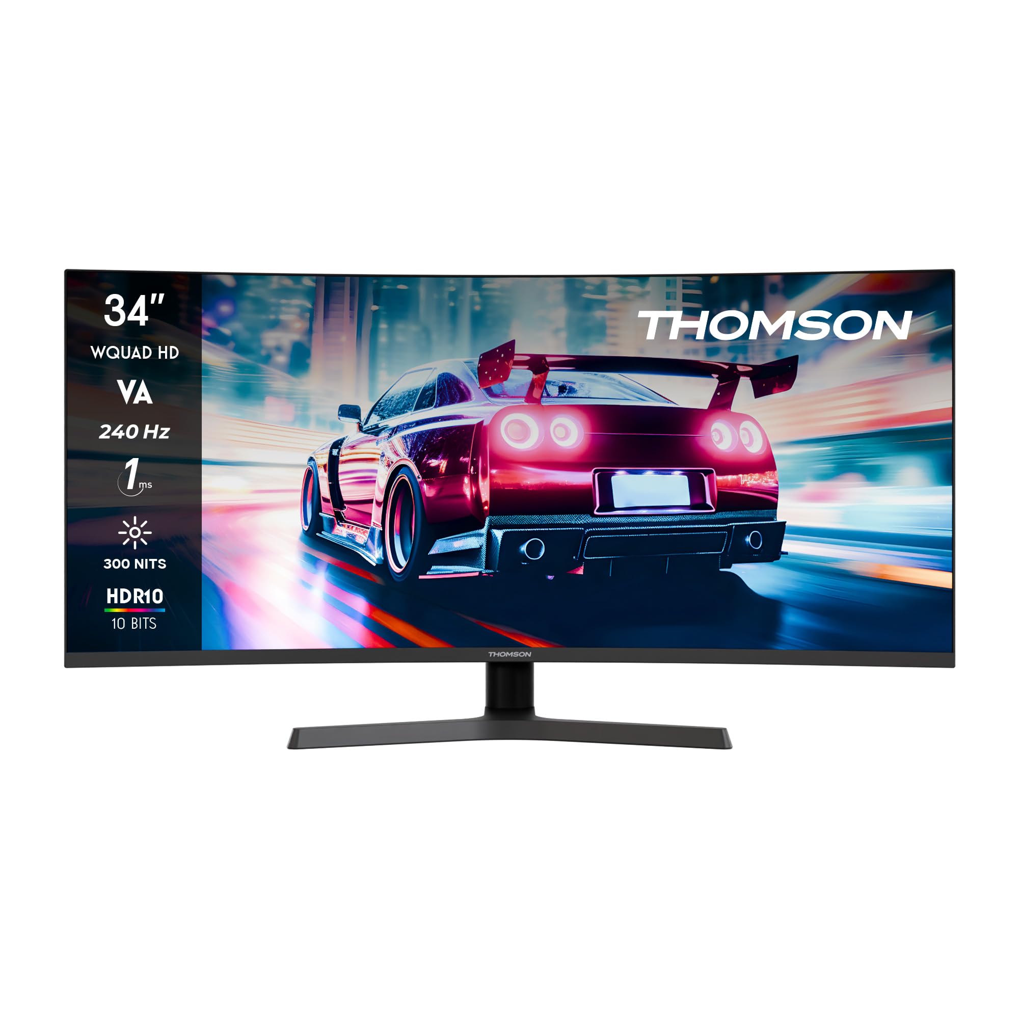 THOMSON Gaming Monitor 34 Pulgadas UWQHD Monitor, 240Hz VA EyeCare Display, 1ms, Adaptive Sync, Speaker, HDR10, HDMI&DP, M34QG7Y14C