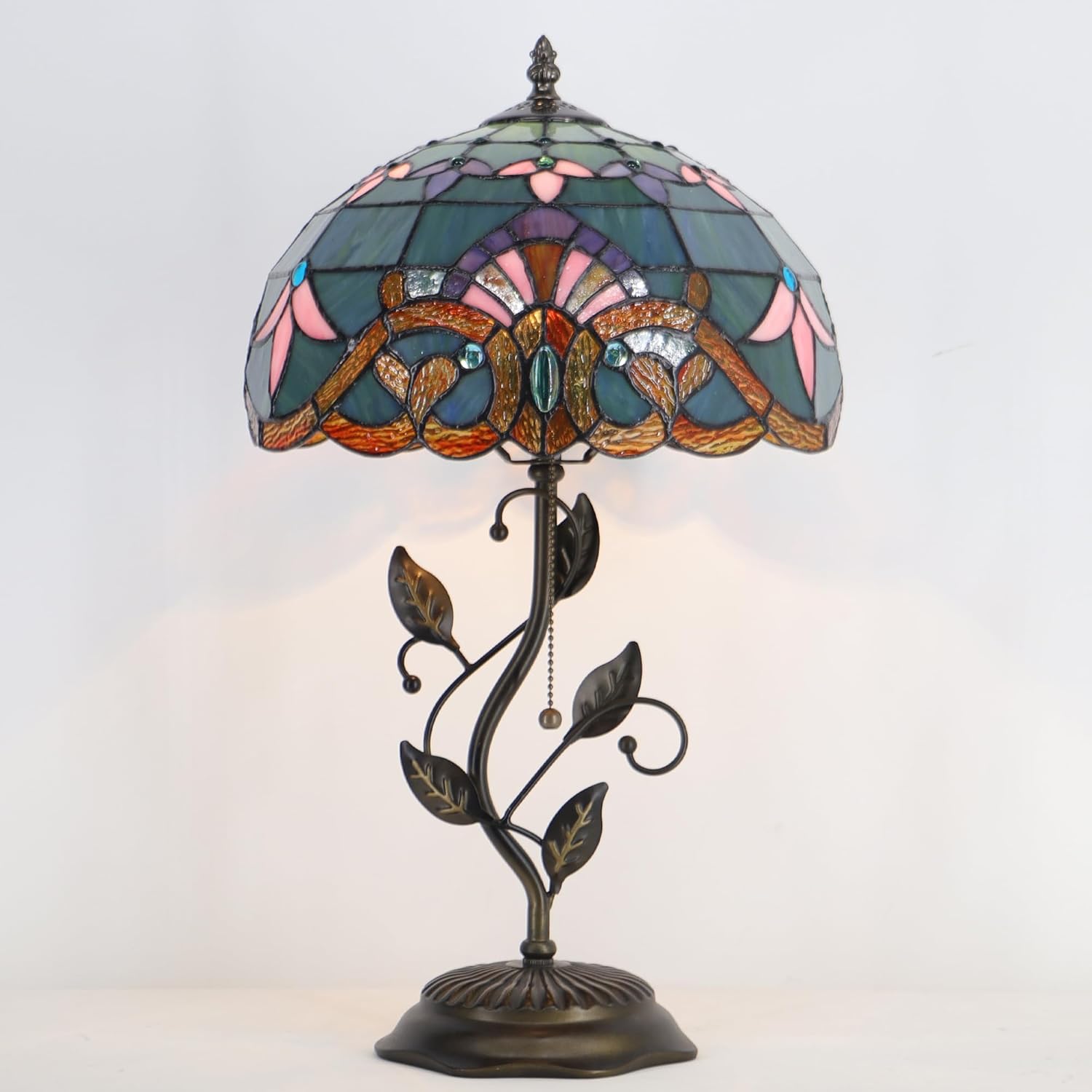 Tiffany Table Lamp Stained Glass Desk Lamp Metal Leaf Base Reading Light 12X19 Inch (Baroque Style)