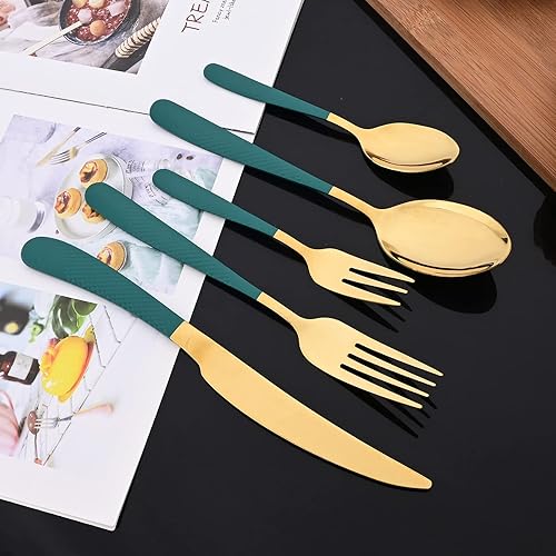 Miniatura 18 de JASHII Juego de cubiertos martillados modernos de acero inoxidable con mango dorado y blanco, decoración de lujo, servicio para 4, pulido espejo