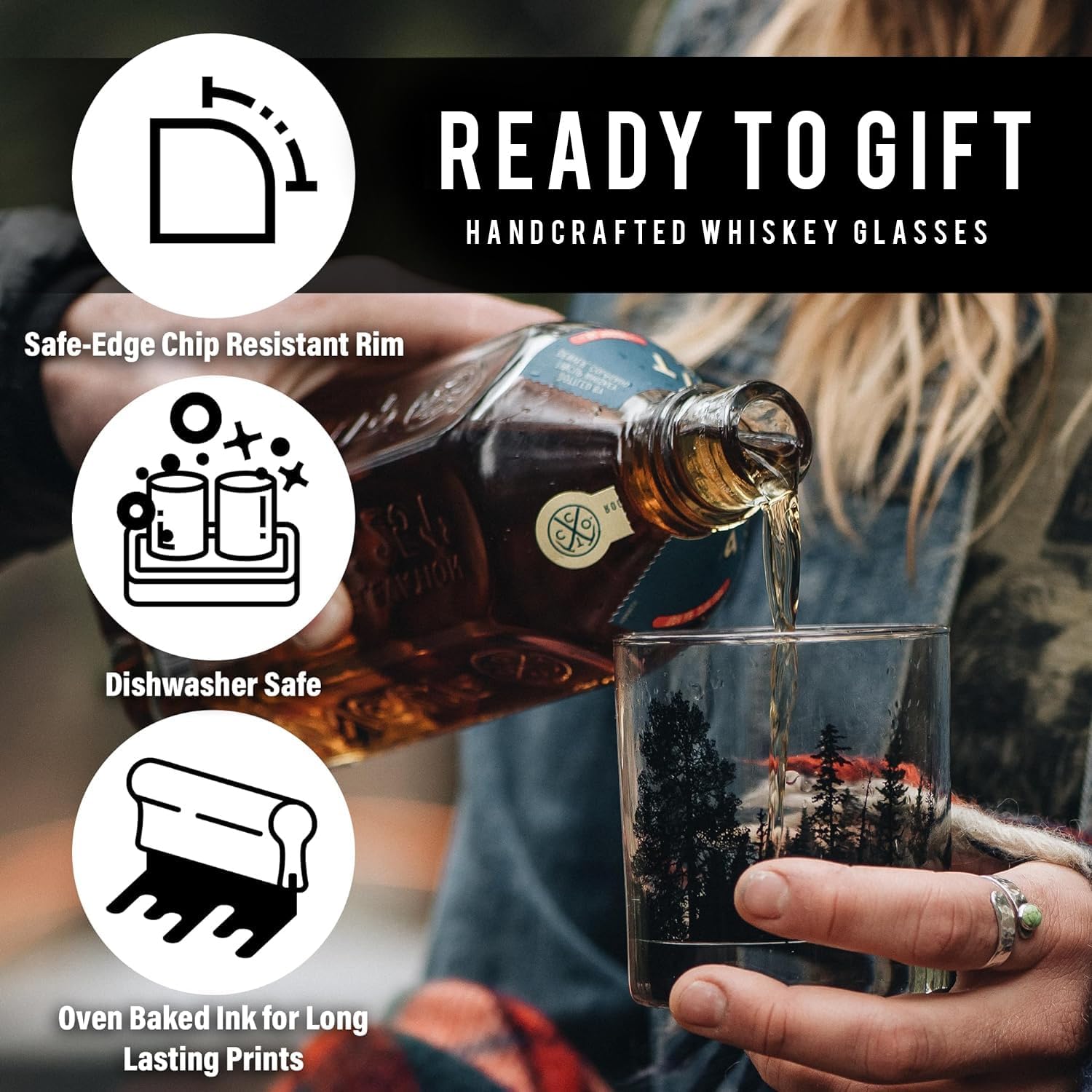 Black Lantern Whiskey Glasses Set of 2 – 11oz Heavy Base Old Fashioned Rocks Glass – Screen Printed Design with Gift Box (Forest Animal)