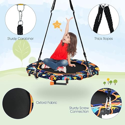 Miniatura 8 de GYMAX Trampolín para niños, 36 pulgadas, aprobado por la ASTM, mini trampolín con pasamanos extraíble, hamaca plegable para columpio de árbol,