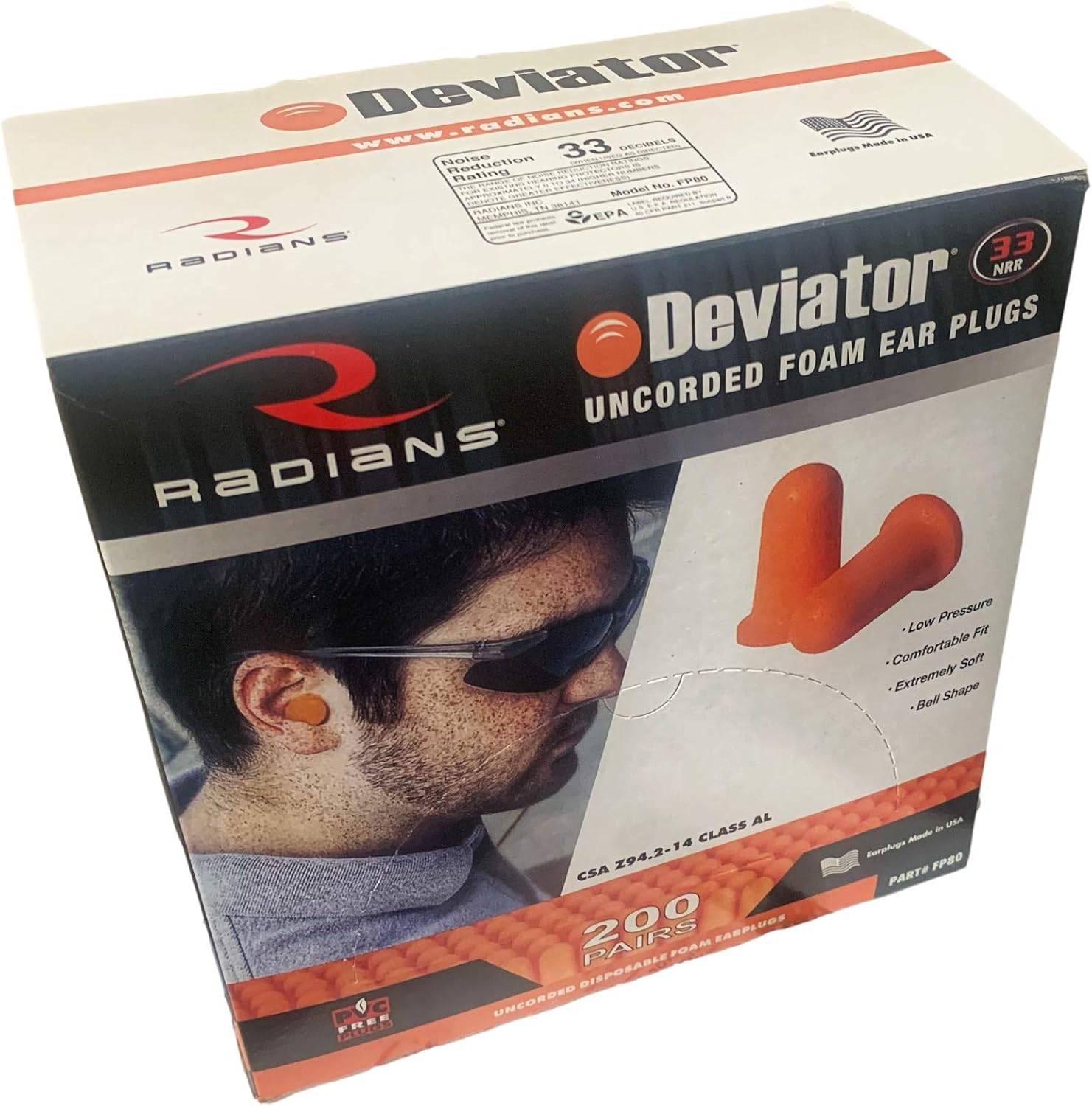FP80 Deviator Industrial Safety Ear Plugs NRR 33 dB 200 Pair (Orange) Box Y