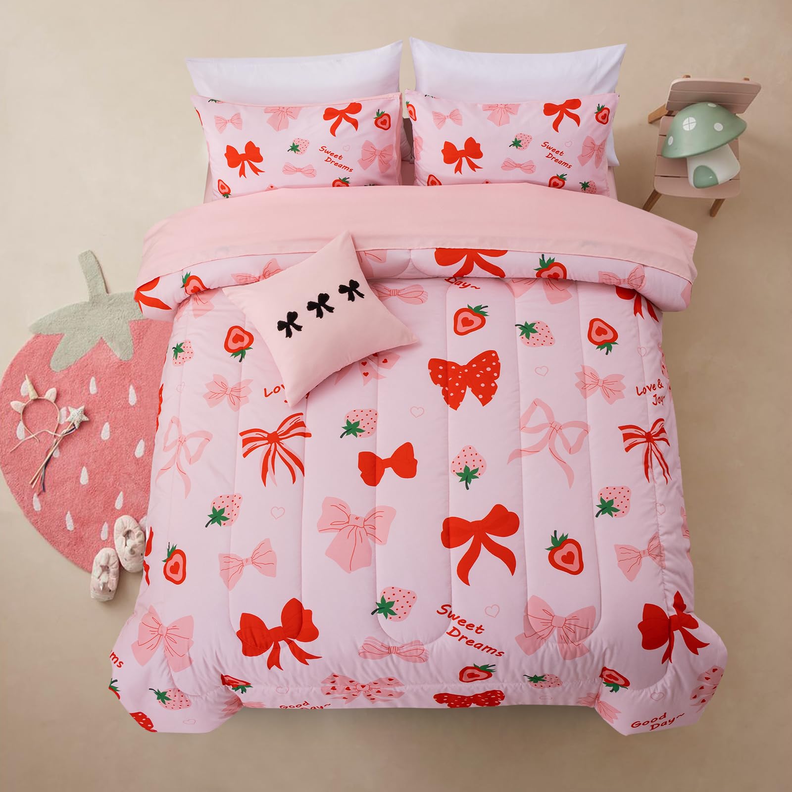 A Nice Night Red Bow Comforter Set,6 Piece Bed in a Bag Matching Sheet Set,Cute Ribbon Bowknot Bedding Sets,Princess Style Strawberry Printed,Light Pink Room Decor for Girls,Twin