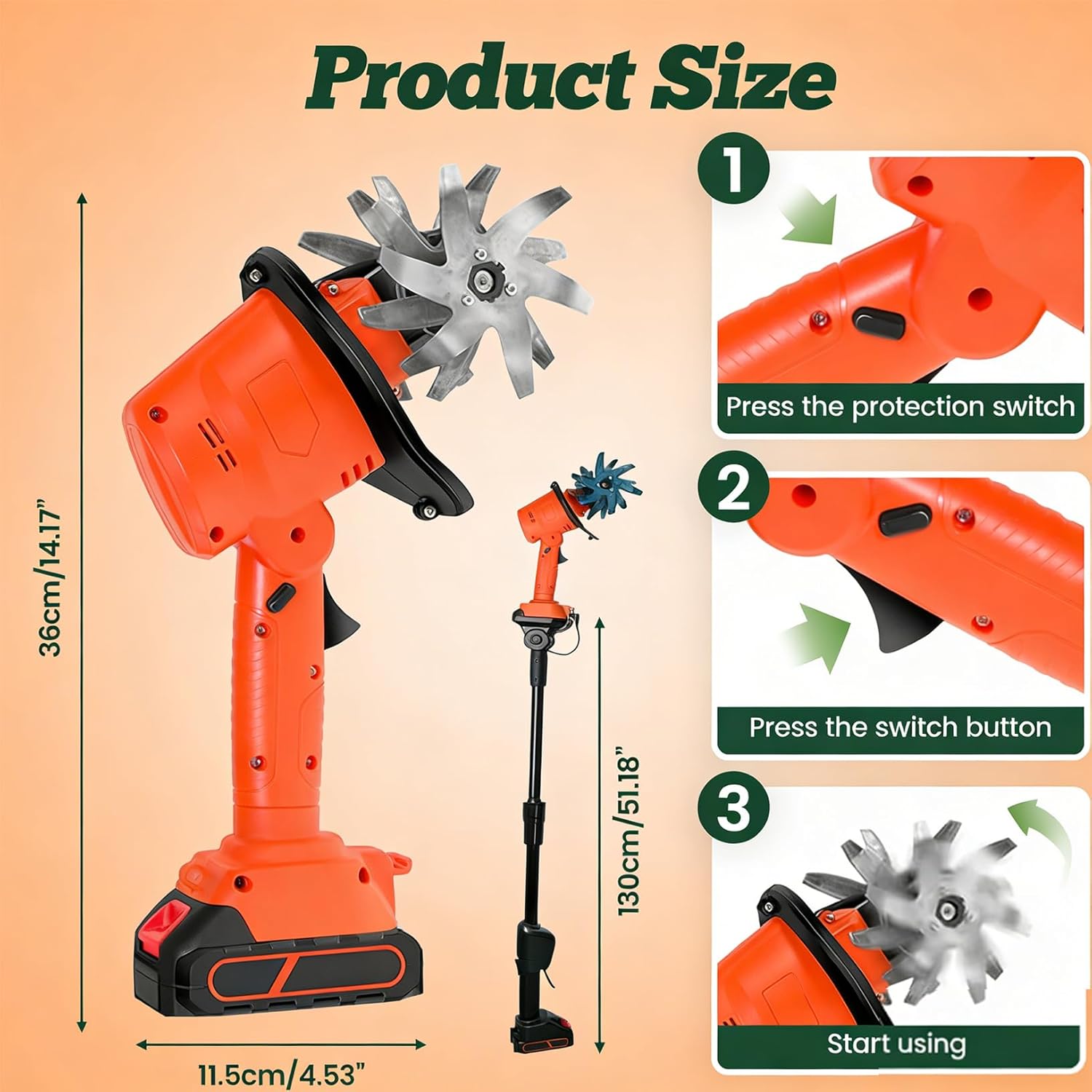 21V Cordless Tiller for Gardening, 360 RPM Electric Garden Tiller, 2-in-1 Powered Mini Cultivator with 2×2.0Ah Batteries & Charger, 5" Tilling Width, 4" Depth, for Lawn/Soil Cultivation (with Pole)