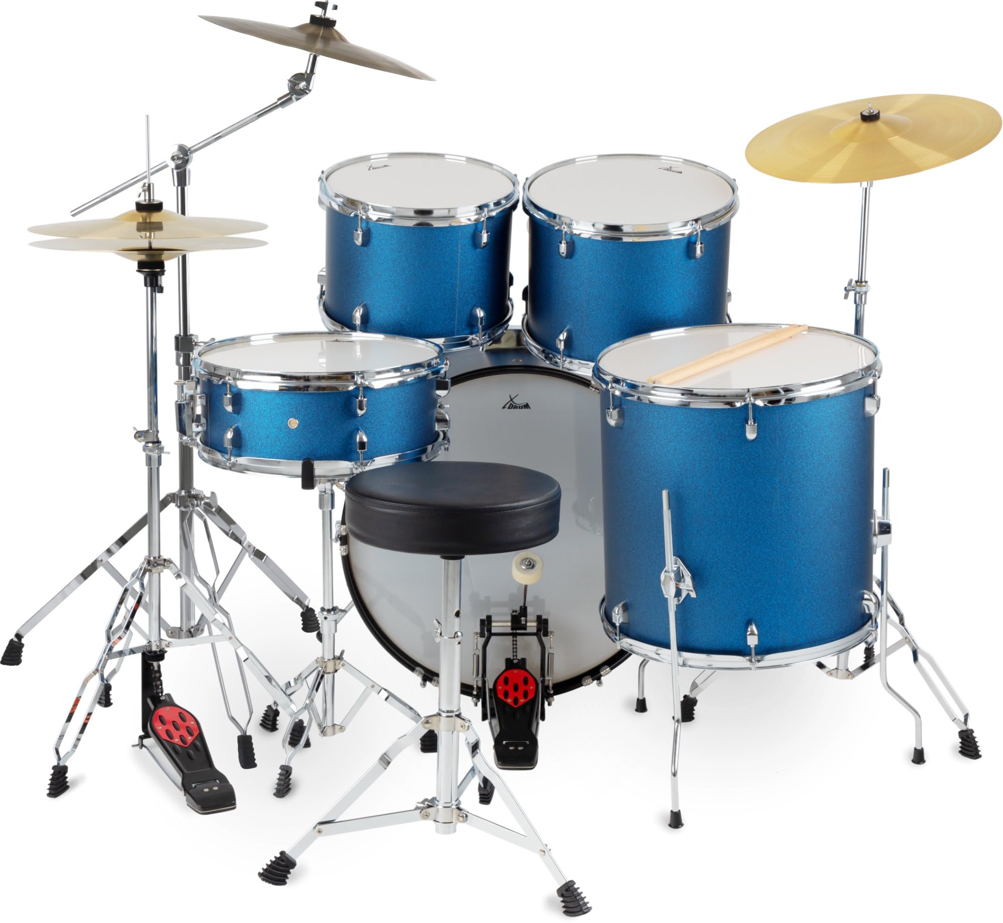XDrum Semi 22" Standard Schlagzeug Satin Blue Sparkle - 22" BD, 12" TT, 13" TT, 16" FT, 14" SD - Set inkl. 16" Crash Becken und Galgenbeckenständer - Blau