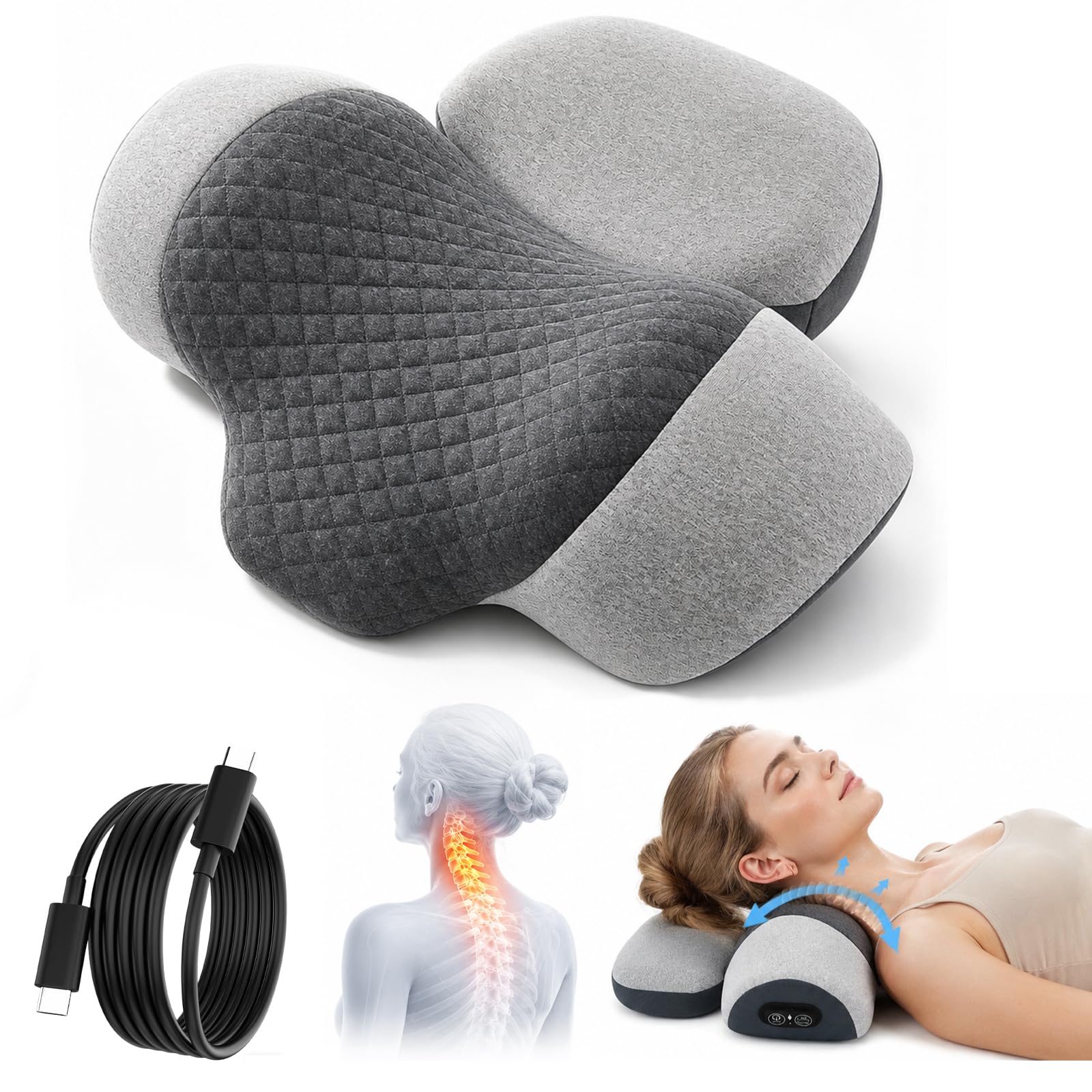 Nackenmassagegerät Elektrisch 3-in-1,Vibration,Wärmeanwendung,Traktion | Nackenschmerzen Lindern,Verspannungen,Tiefenmassage Nacken Lösen,Elektrisch Nackenmassagekissen für Büro,Bildschirmarbeit