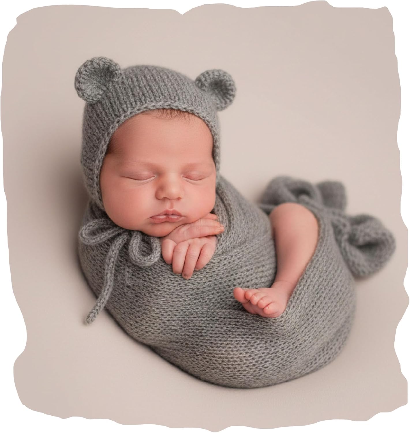 Baby Photography Props Infant Boy Girl Outfits - Crochet Knit Mohair Wrap Blanket & Bear Hat for Newborn Photo Shoots (Light Pink)