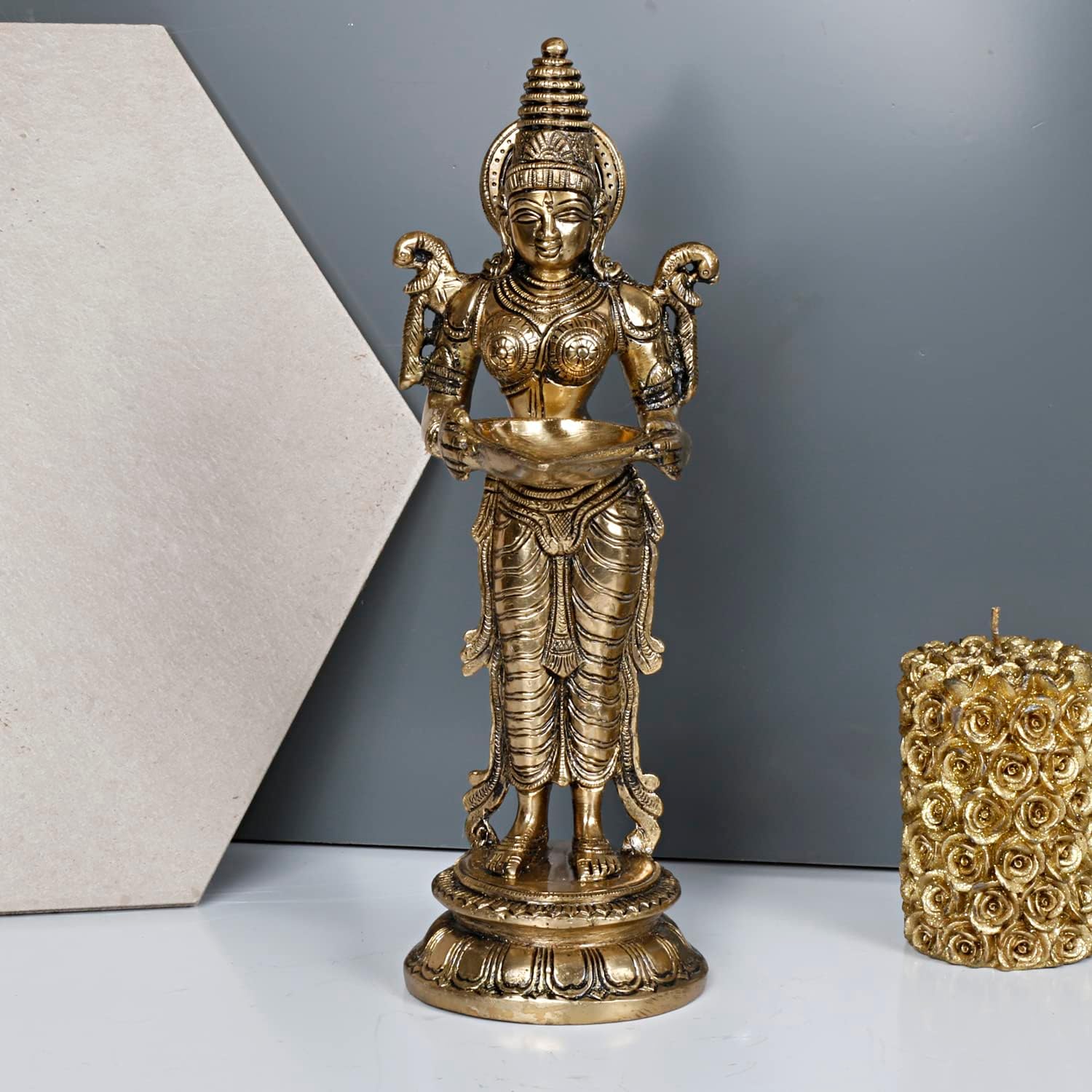 Kartique Brass Large Deeplaxmi Statue for Home Entrance Decor Oil Lamp Diya Deepam Antique Gold Color