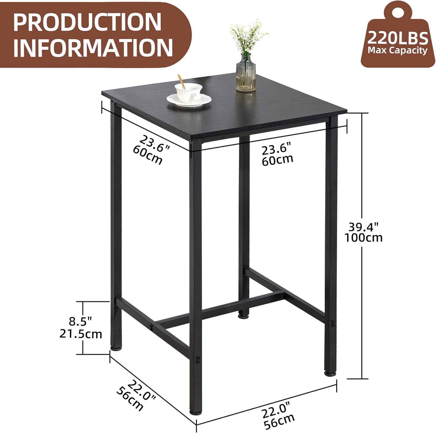 Finnhomy Bar Table, 23.6" Pub High Top, Square Bar Height, Counter Height Cocktail, Small Kitchen Set for 2, Breakfast for Kitchen, Living Room, Rustic Black