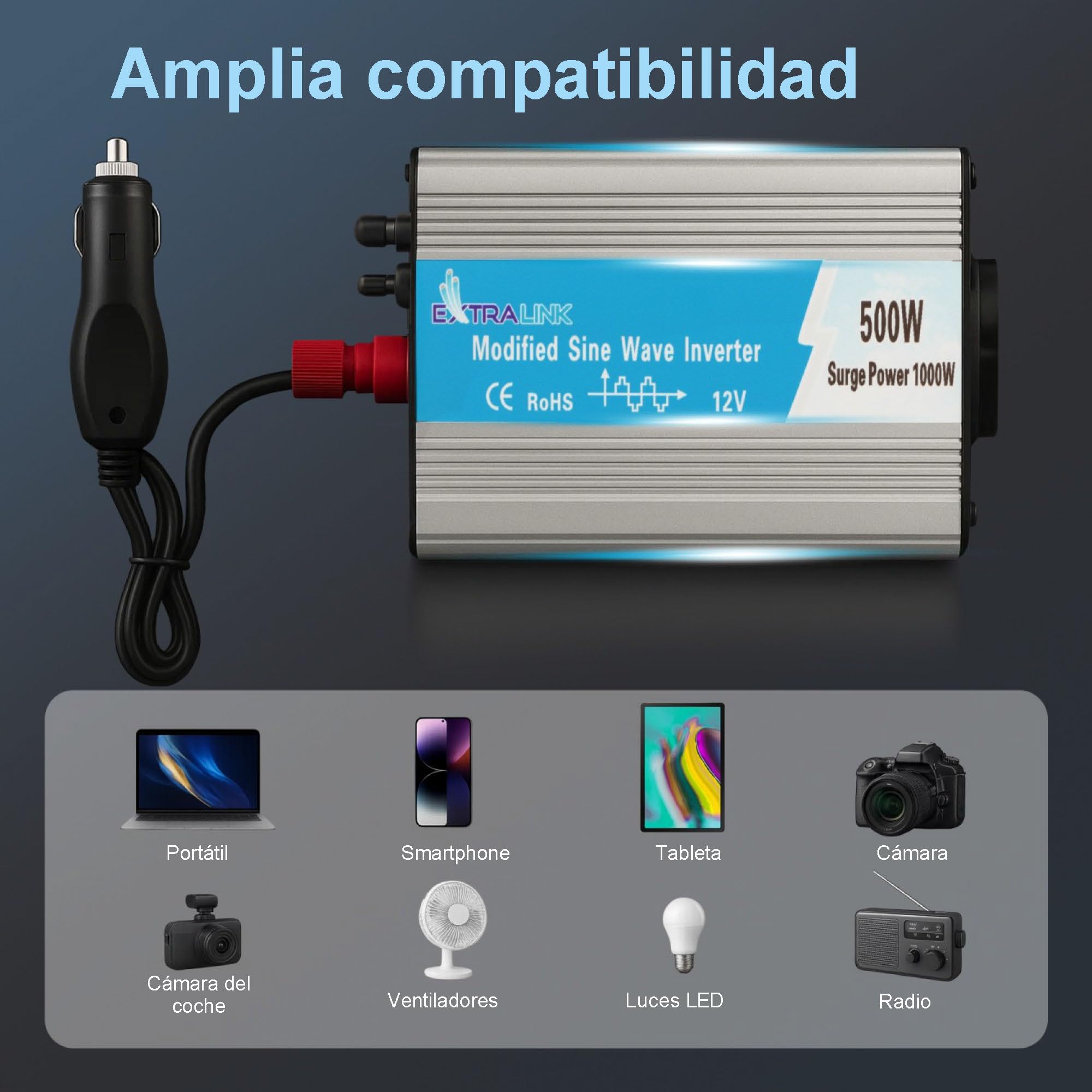 EXTRALINK Inversor 12V 220V Onda Modificada 500W 1000W Pico – Convertidor 12V 200V con USB, Enchufe de mechero, Ventilador y Protección Cuádruple – para Coche, Autocaravana, Barco, Camping, Solar