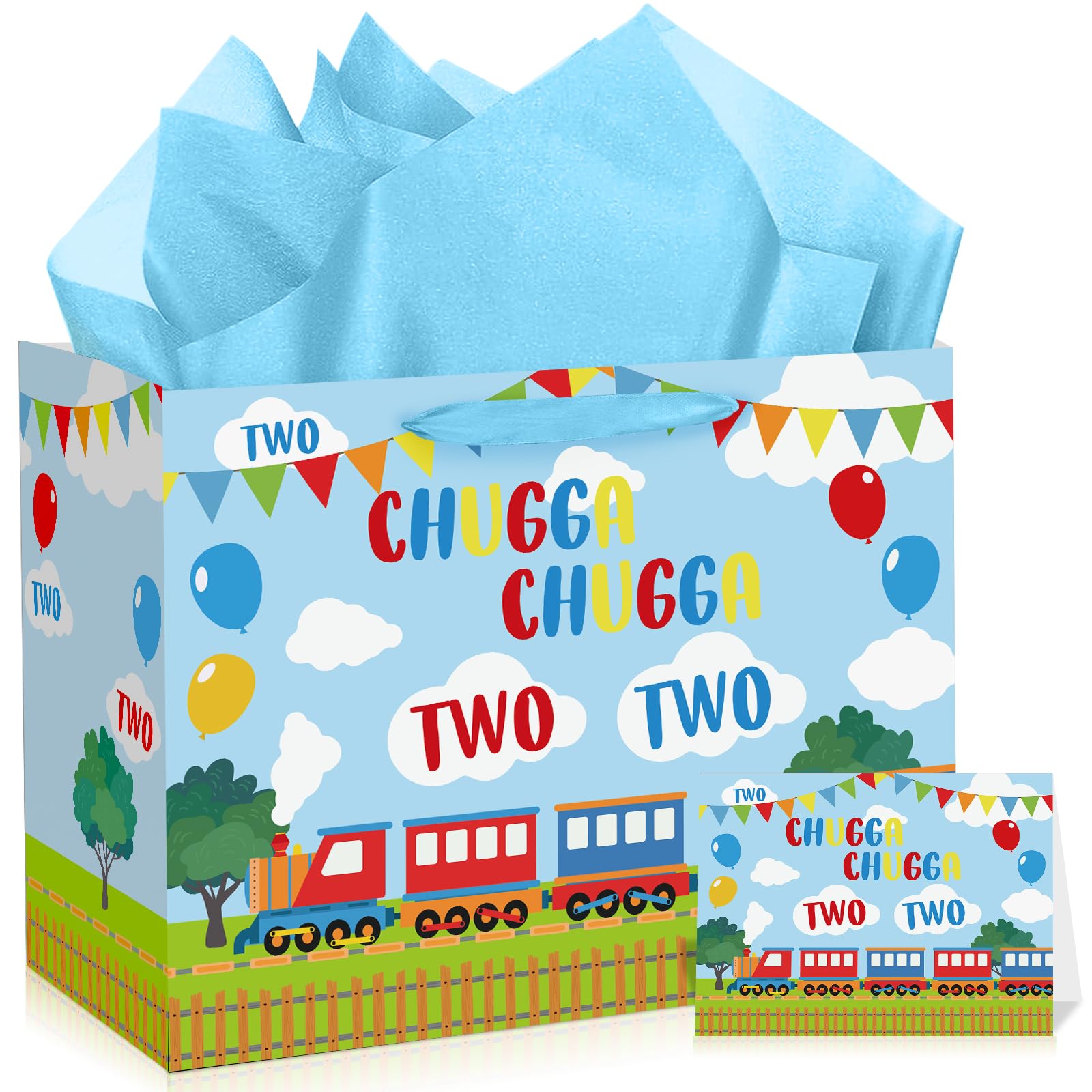 Train 2nd Birthday Gift Bag with Wrapping Paper and Greeting Card Chugga Chugga Two Two Train Birthday Party Favor Bags Two Years Old Baby Candy Treat Bags with Handles for Boys Girls Bday Decorations