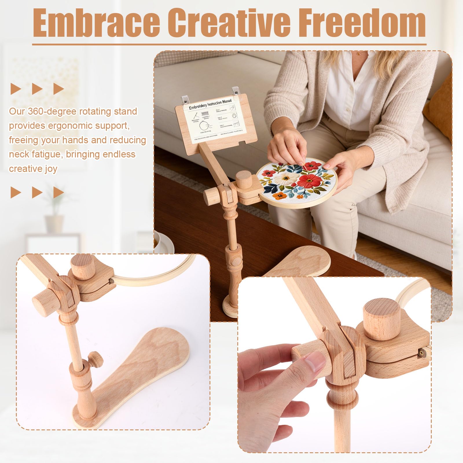 Supporto Telaio Ricamo Legno, Supporto Regolabile 360° Rotante per Telaio Ricamo Senza Mani per Struttura Seduta/Grembo Punto Croce Arazzo Progetti