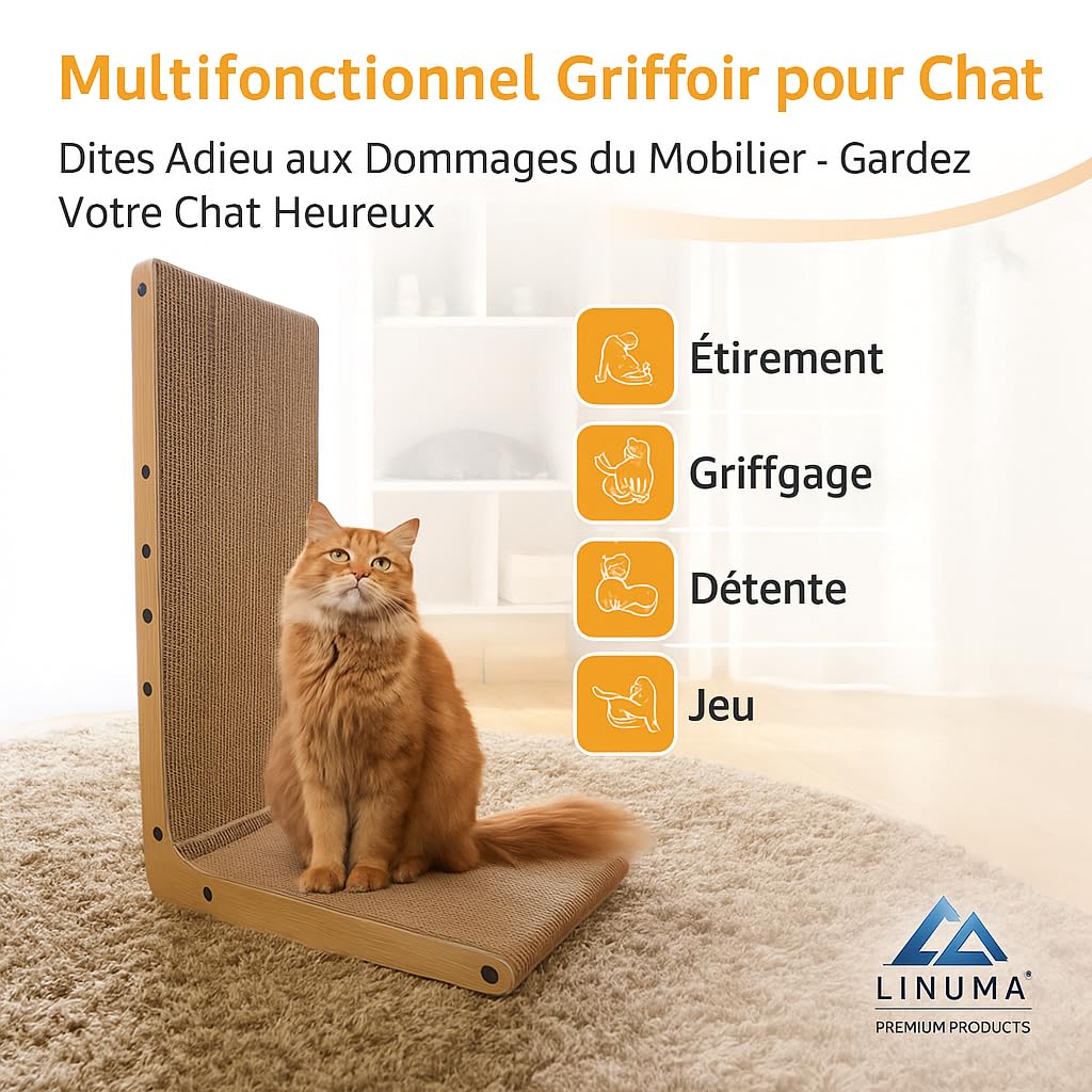Griffoir en Forme de L pour Chats 68 cm – Meuble à gratter en Carton ondulé – Compact & Durable pour intérieur
