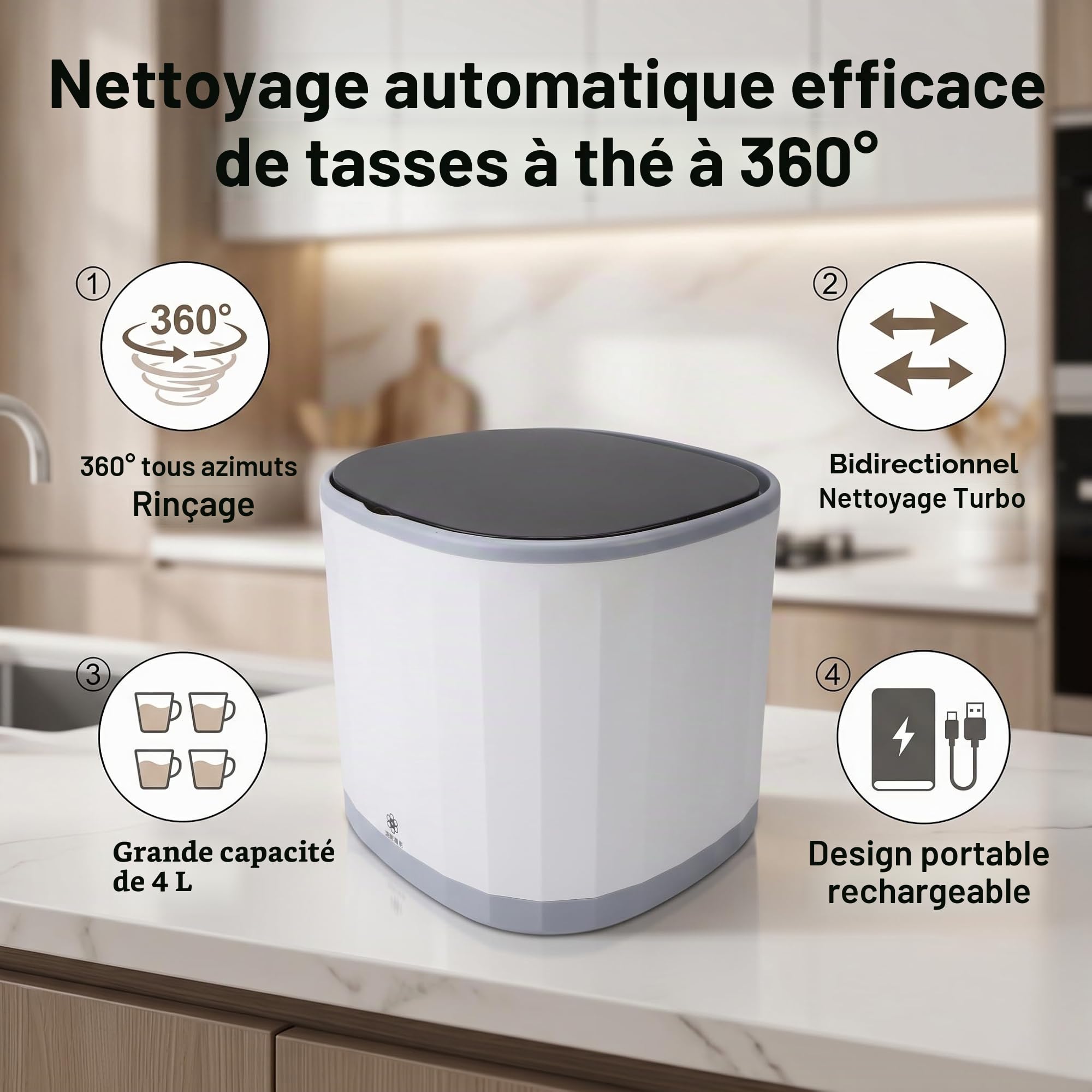 Mini Lave-vaisselle Compact Nettoyeur de Tasses USB Rechargeable Lavage Rapide 15 Minutes Plus 5 Capacité 4 Litres Usage Bureau Maison