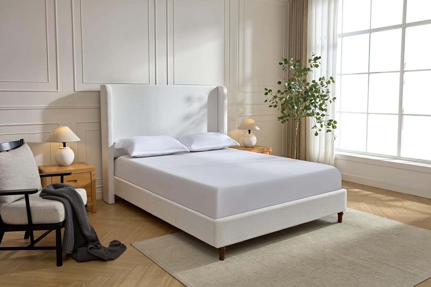 KEIKI Chenille California King Size Bed Frame, 54" Tall Headboard Upholstered Platform BedFrame with Wingback, Elegant Simplicity, No Box Spring Needed, Solid Oak Wood Feet, Cream White