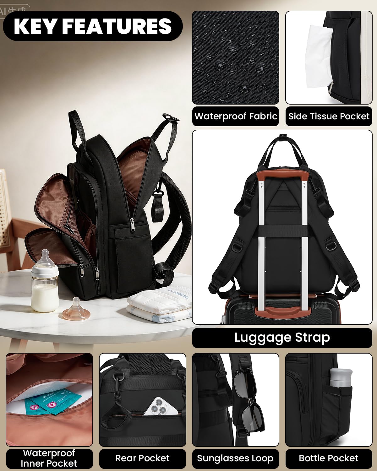 Miss Lulu Zaino Mamma Fasciatoio Grande, Zaino Pannolini Multifunzione, Borsa Passeggino 16 Tasche, Tasca Impermeabile per Bagnato, Tasche Isolanti, per Uscire con il Bebè, Viaggi e Ospedale - 5