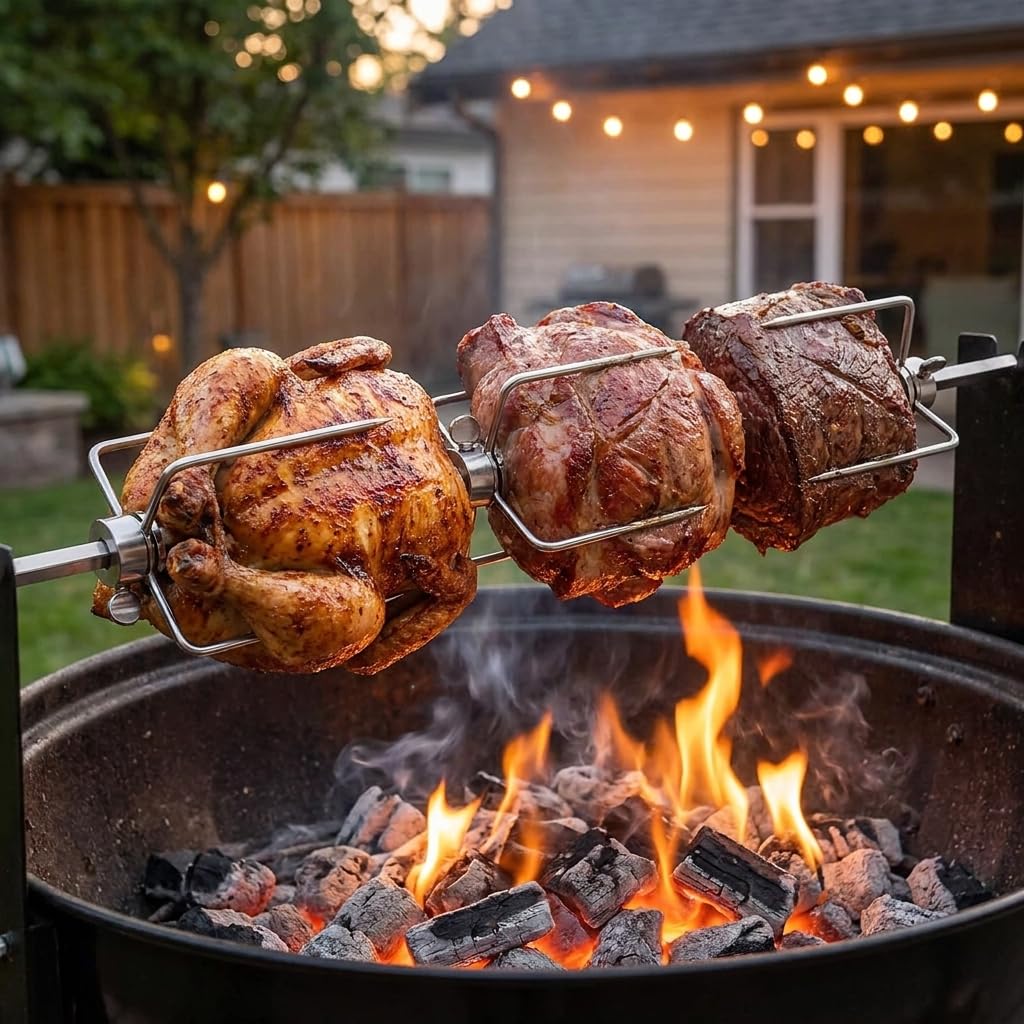 QWORK® 3 Pièces Fourchette brochette, barbecue rotissoire fourche en acier inoxydable 304 pour brochette, compatible avec hexagone 12 mm, carré 10 mm et 8 mm