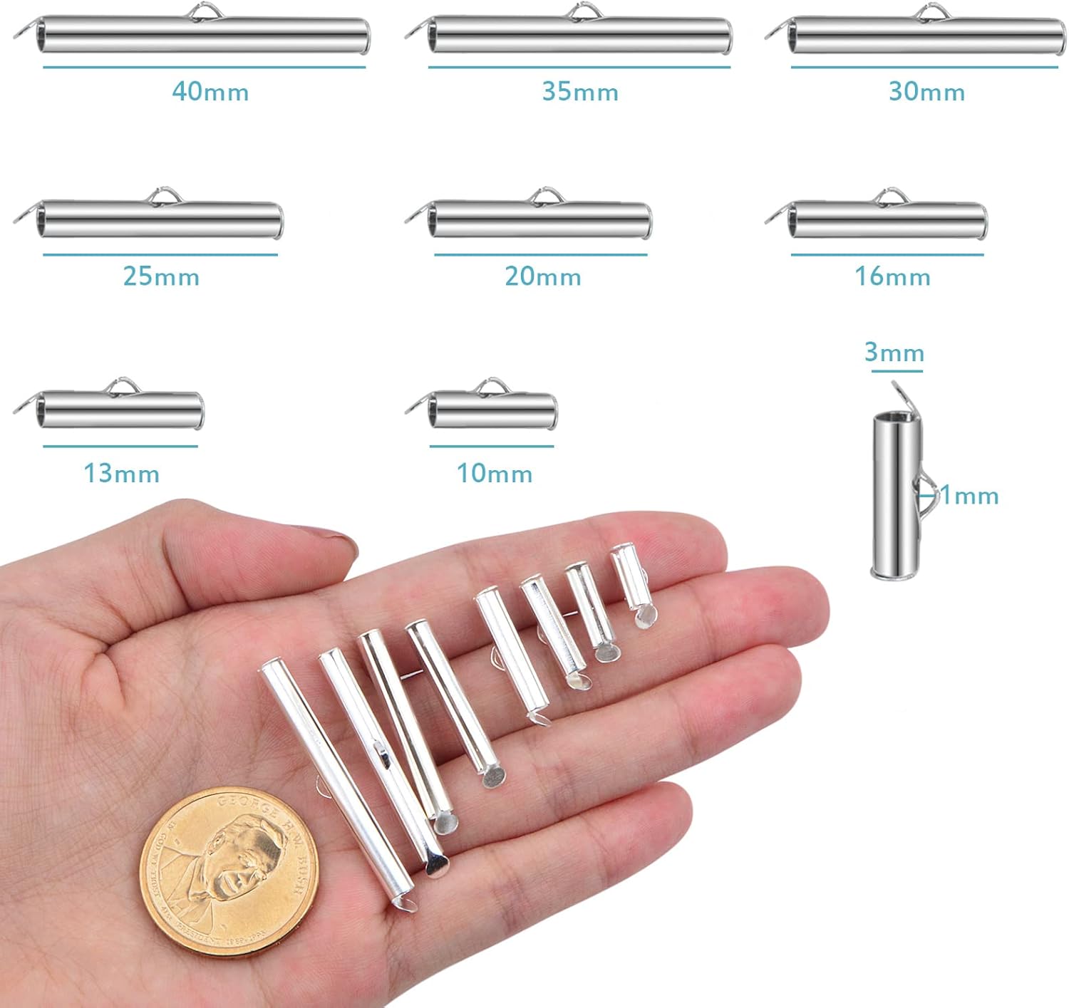 160pcs Silver Slide On End Bar Buckle Clasps Slider Ends Caps Accessories for Multi-Strand Necklace Bracelet Jewelry Making Findings, 8 Sizes - Image 3