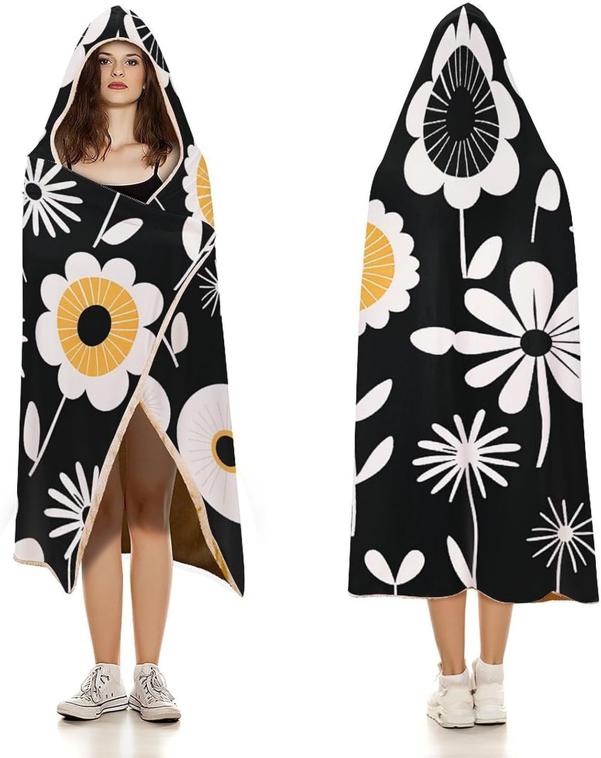 Simple Strokes of Flowers Wearable Hooded Blanket, Ultra Soft Arctic Velvet Cape Cloak Unisex - Cozy Wearable Blanket