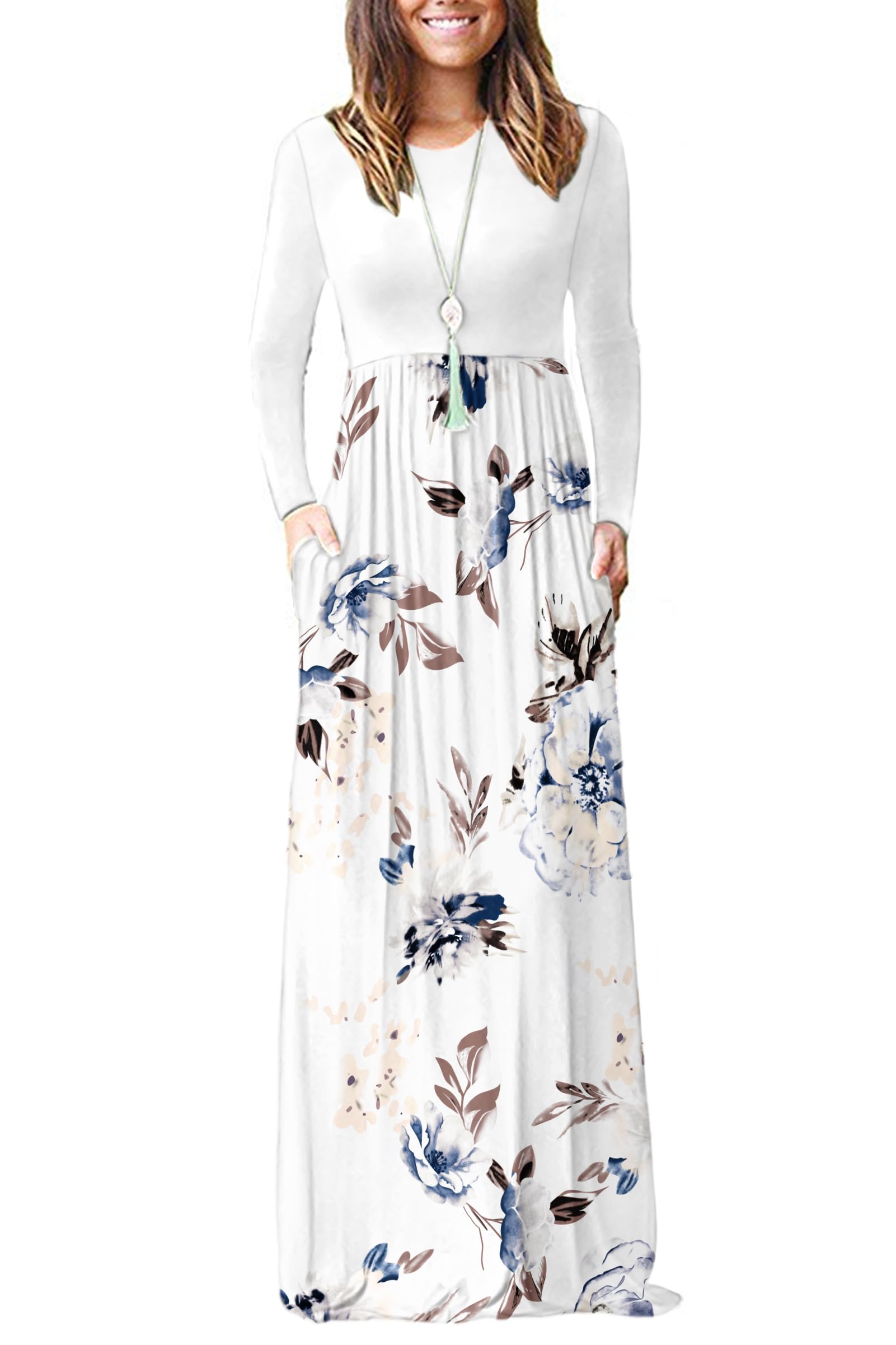 Auselily Women's White Flowers White Casual Long Sleeve Maxi Dress Loose Long Dresses With Pockets Xl