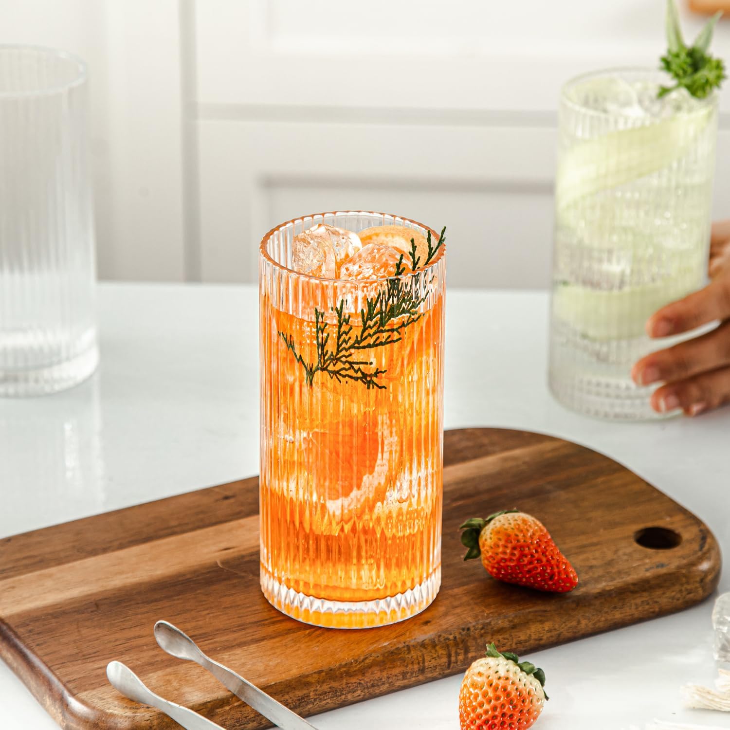 Ribbed Drinking Glasses Set of 8 - Vintage Glassware with 4 Highball (13oz) & 4 Rocks (10oz) Glass Cups, Elegant Cocktail Glasses for Water, Juice, and Ice Coffee, Mixed Drinkware