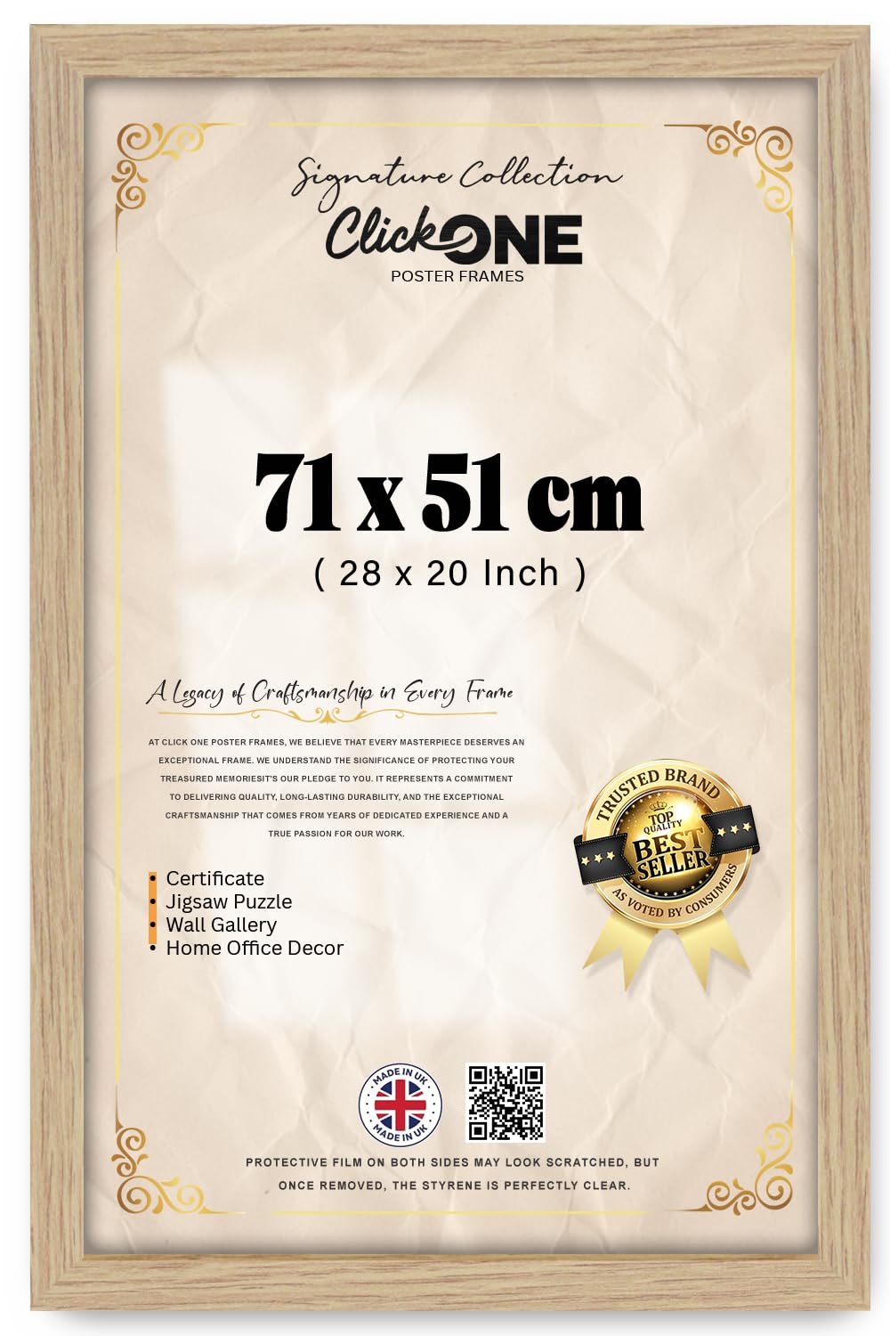 Click One Contemporary 71 X 51 CM Large Oak Photo Frame With Perspex Front For Living Room And Gallery Walls Stylish Timber Border Slim Profile 28 X 20 Inch Oak Wall Hanging Display