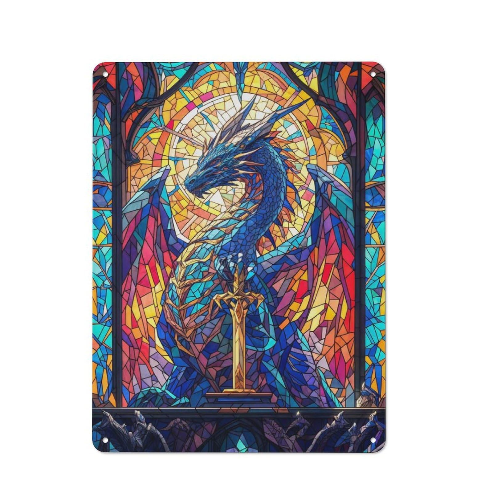Junmoney Style-18 Vintage Metal Sign With Dragon Stained Glass Design 40X30cm, Rustic Bar Wall Plaque For Bar, Kitchen, Garage Or Games Room