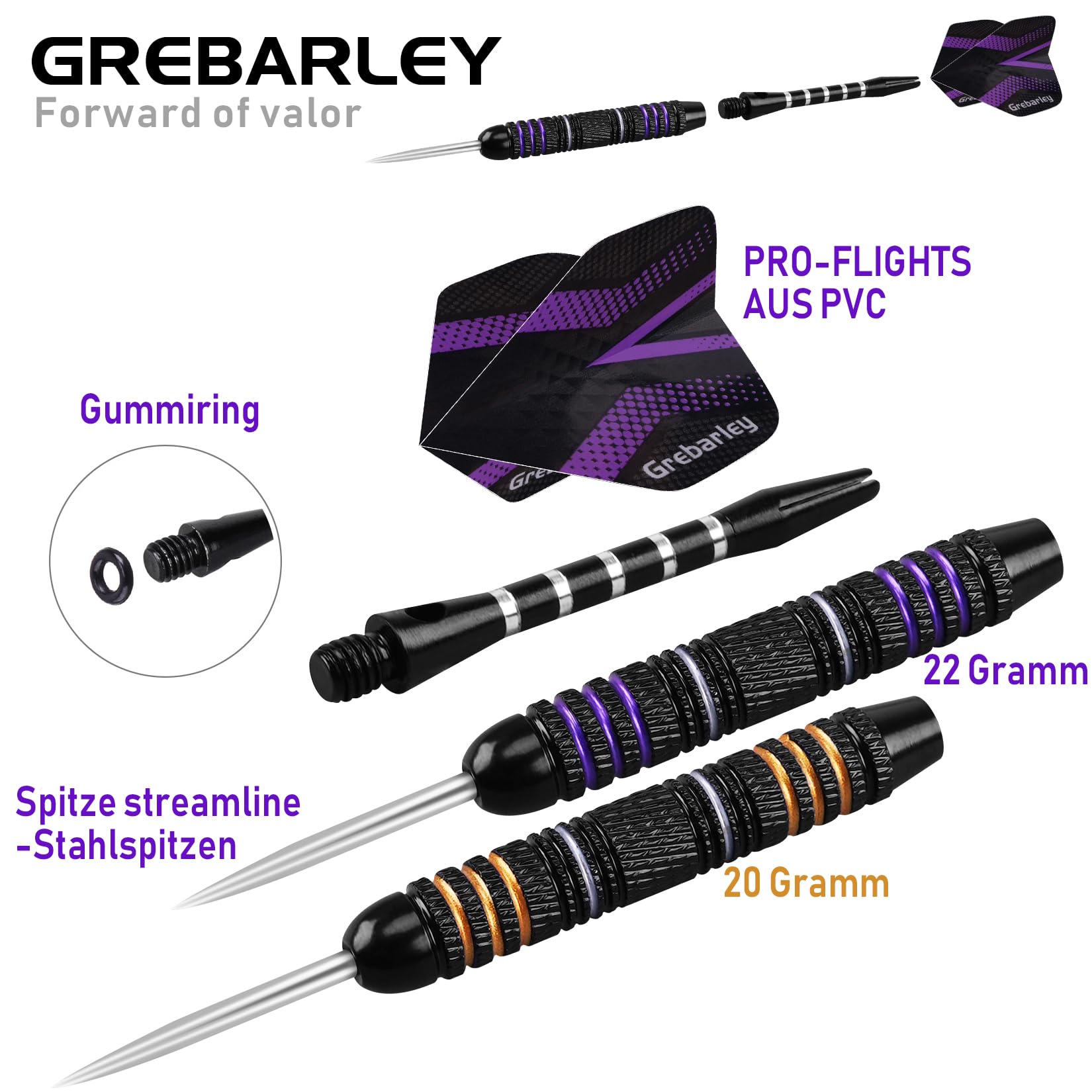 Grebarley Dartpfeile mit Metallspitze,12 Stück Profi Steeldarts 18 Aluminium Schaft mit 9 Flights 20 Orings
