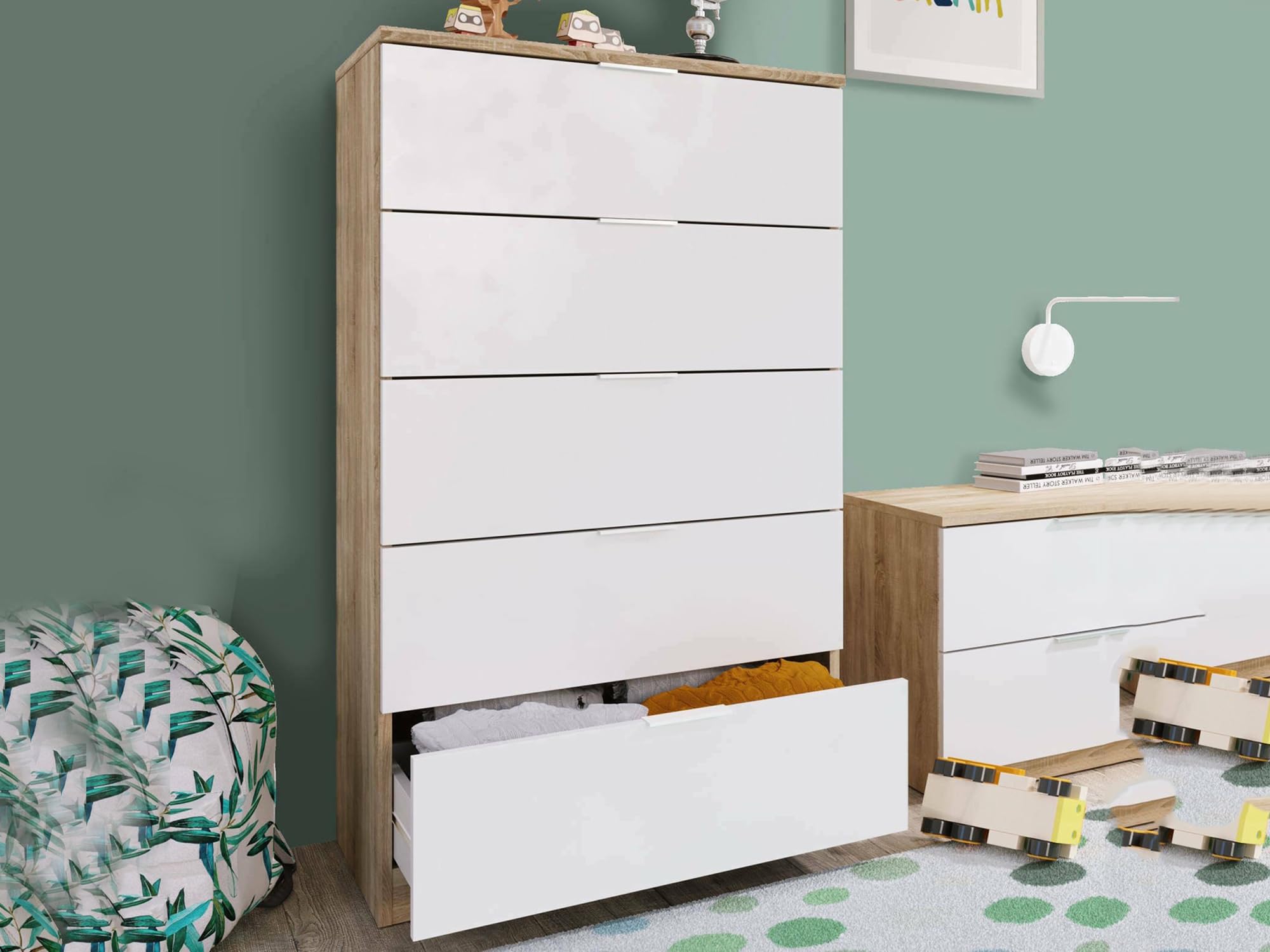 Dmora - Cassettiera Mesquite, Settimanale a 5 cassetti, Mobile Comò per camera da letto, Settimanale moderno, 60x40h110 cm, Rovere e Bianco