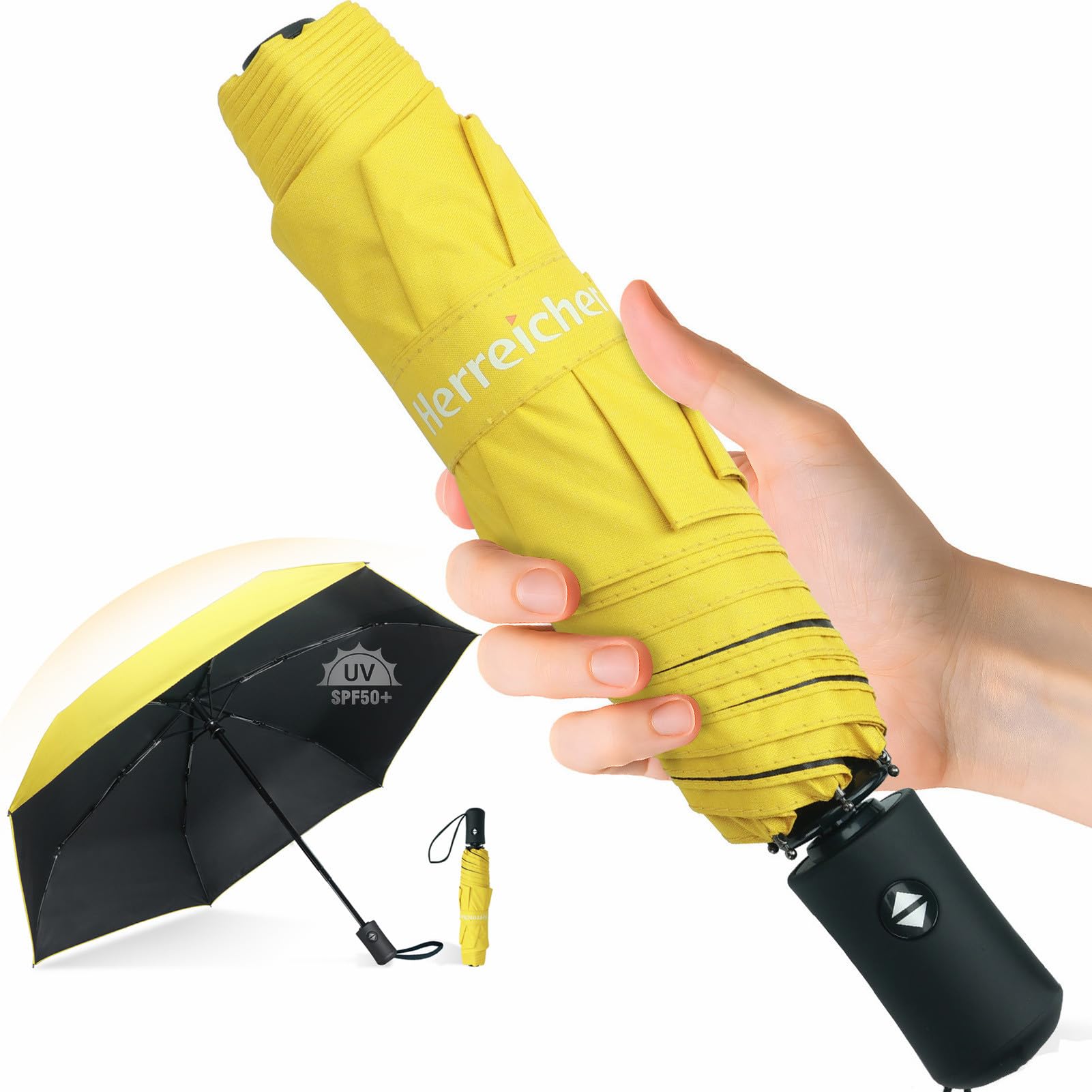 Herreicher Leichter UV-Automatikschirm UPF50+ | Kompakter Reise-Taschenschirm (28cm), 98cm Spannweite, 6 Rippen, 210T – Für Erwachsene & Kinder
