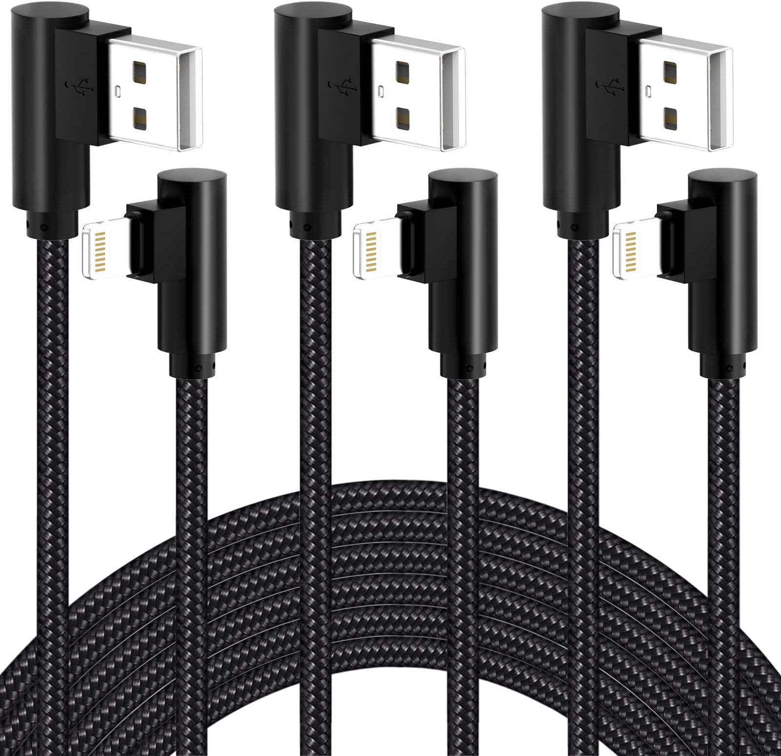 iPhone Charger 10FT 3Pack [Apple MFi Certified] Long Lightning Cable 90 Degree iPhone Charging Cable for iPhone 12 11 Pro XS Max XR X / 8/7 / 6s Plus/ 5s / 5c / 5se / iPad (Black 10FT)