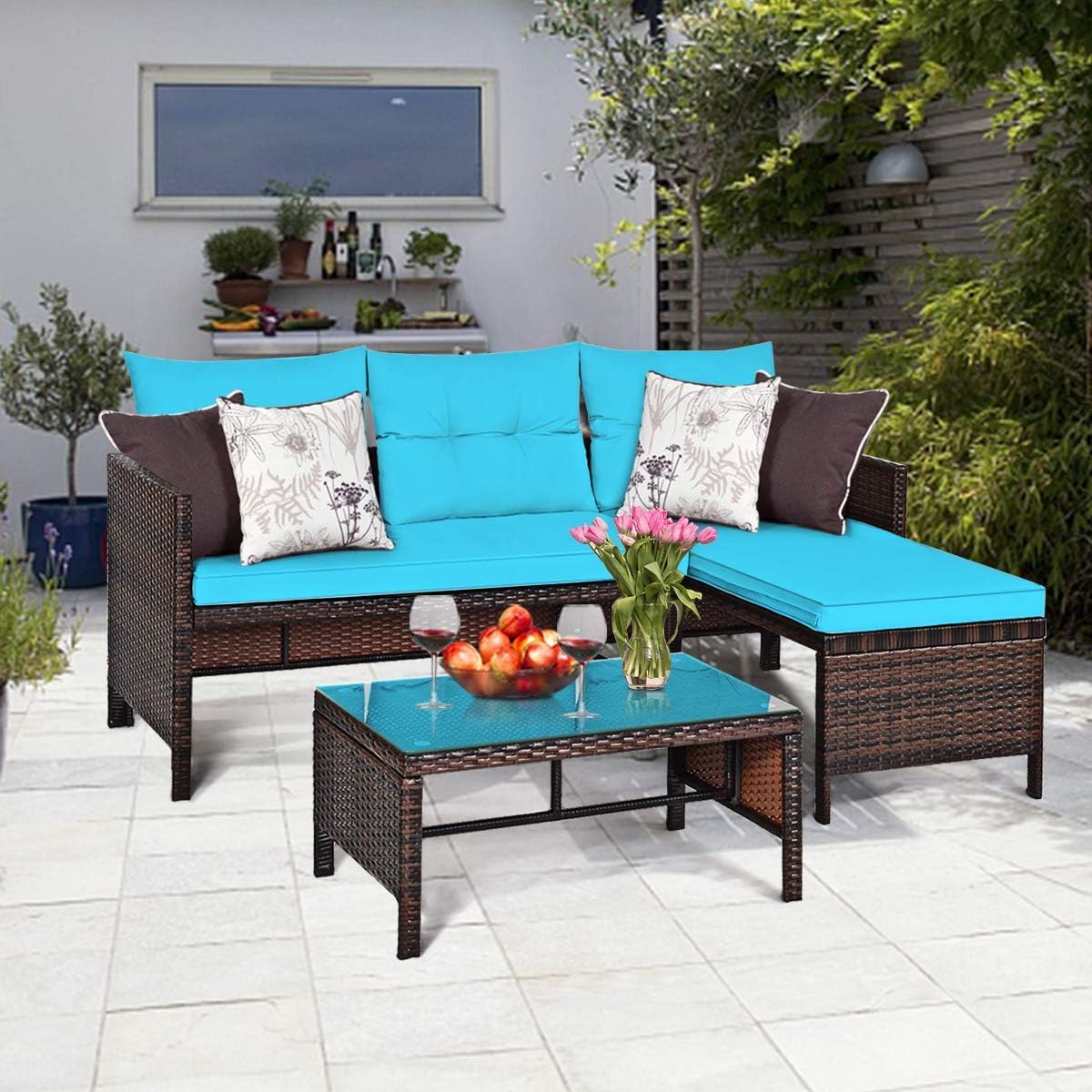 HAPPYGRILL 3 Pieces Rattan Wicker Patio Conversation Set, Outdoor Sofa Table Set with Steel Frame & Seat Cushion, Porch Furniture Set for Garden Lawn Pool Backyard
