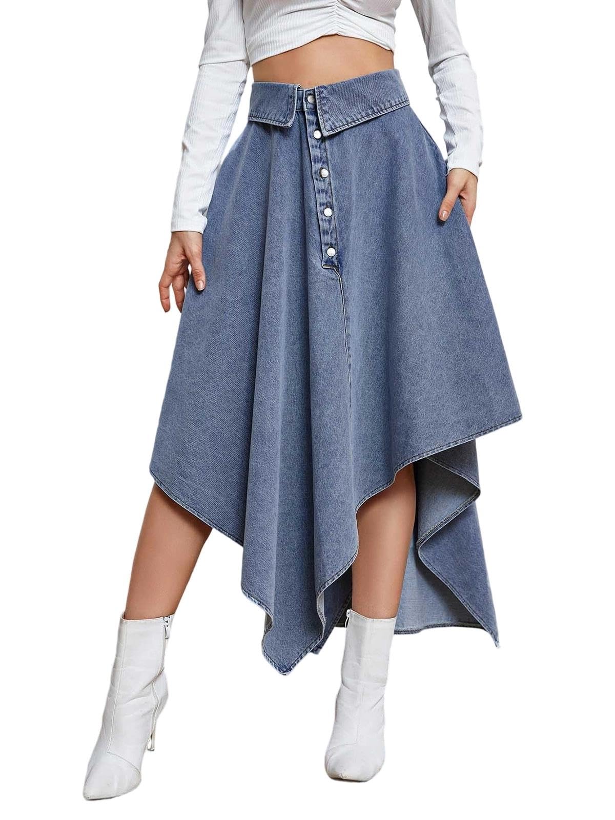 Gonna In Denim A Vita Alta Da Donna,Gonna Midi Casual,Orlo Asimmetrico