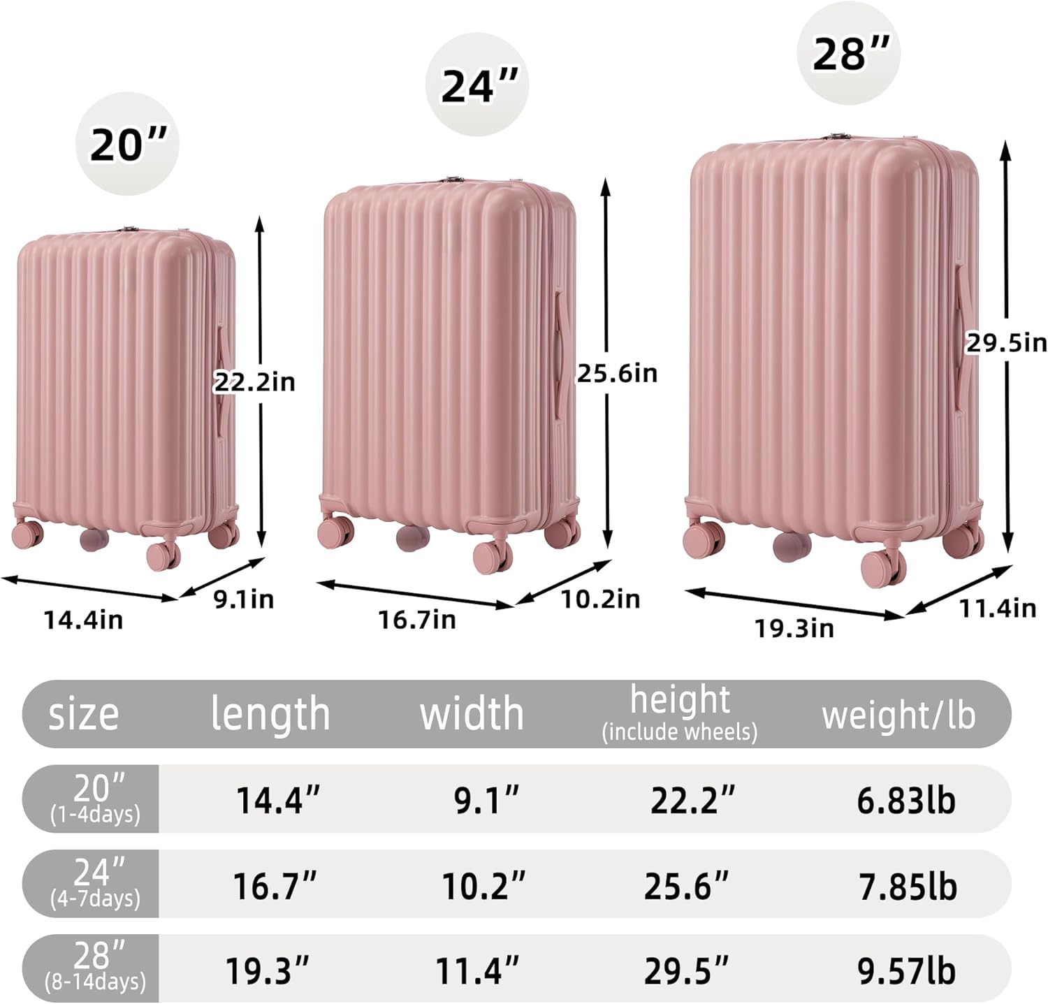 20"/24"/28" 3-Piece ABS Spinner Wheel Luggage Set with USB Port, Cup Holder & Phone Holder – Lightweight Carry-On Suitcase, Durable & Waterproof Hardshell Luggage for Travel,Pink