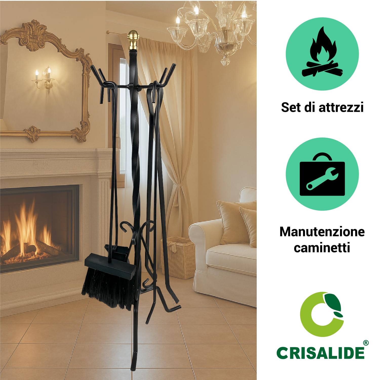 Crisalide® – Set Attrezzi per Camino in Ferro Battuto | 4 Accessori (Scopa, Paletta, Pinza, Attizzatoio) con Supporto da Pavimento | Design Classico Nero Opaco | Altezza 58 cm