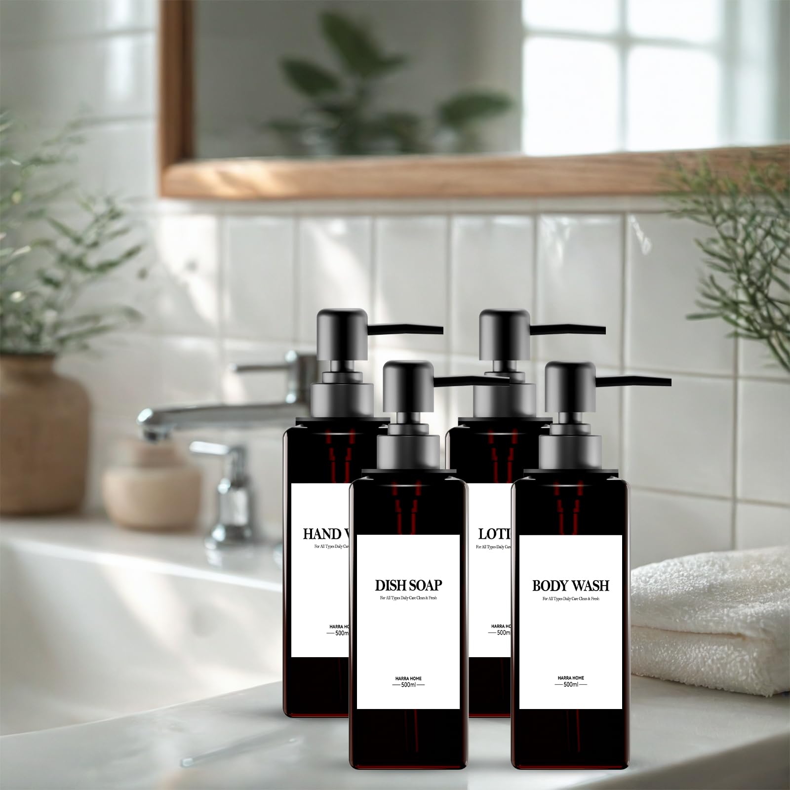 4 sztuki Dozownik mydła pod prysznic ścienny, dozownik mydła w łazience bez wiercenia 500 ml brązowy dozownik szamponu i kąpieli pod prysznic z lejkiem i trójwymiarowymi etykietami do łazienki, kuchni