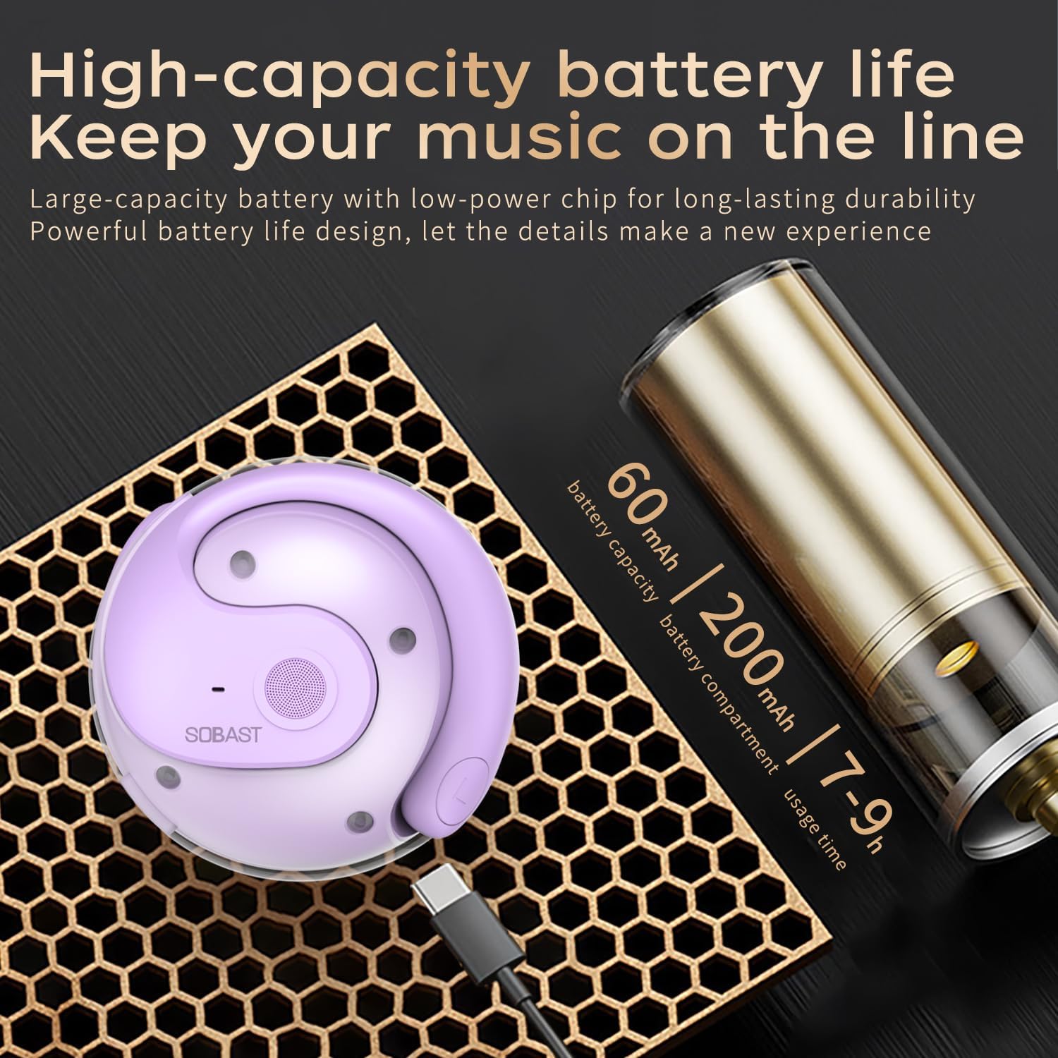 SOBAST T26pro earbuds charging case with battery life details